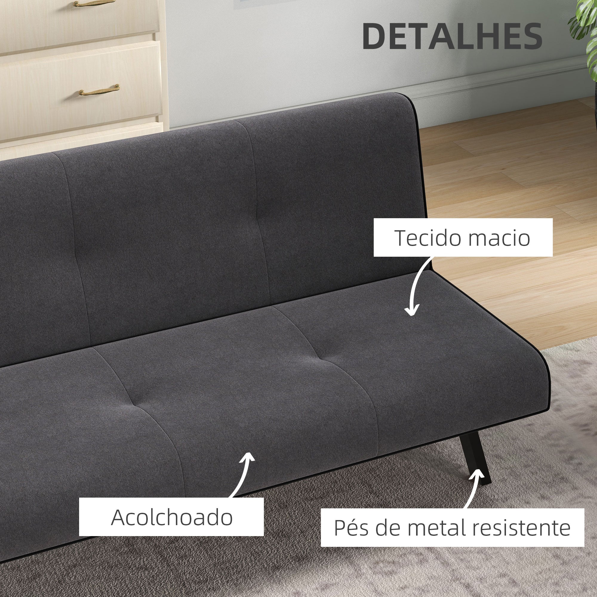 Sofá-cama 3 Lugares Cinza 170x76x72,5cm - Design 2 em 1 Dobrável