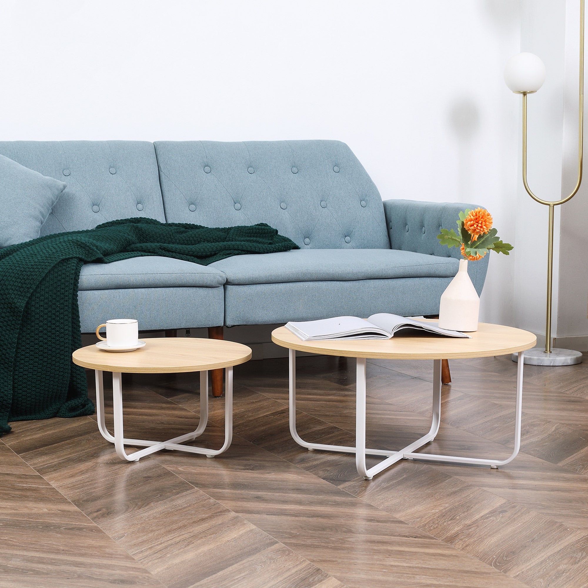 Conjunto de 2 Mesas de Centro Redondas Ø65x32cm e Ø45x26cm - Madeira e Branco