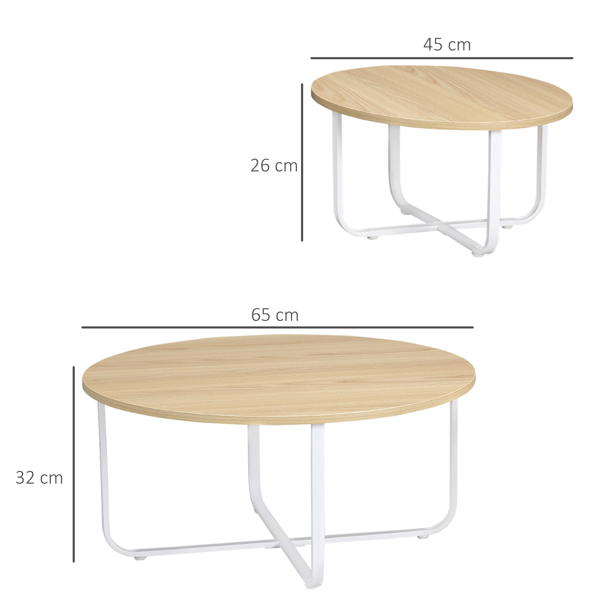 Conjunto de 2 Mesas de Centro Redondas Ø65x32cm e Ø45x26cm - Madeira e Branco