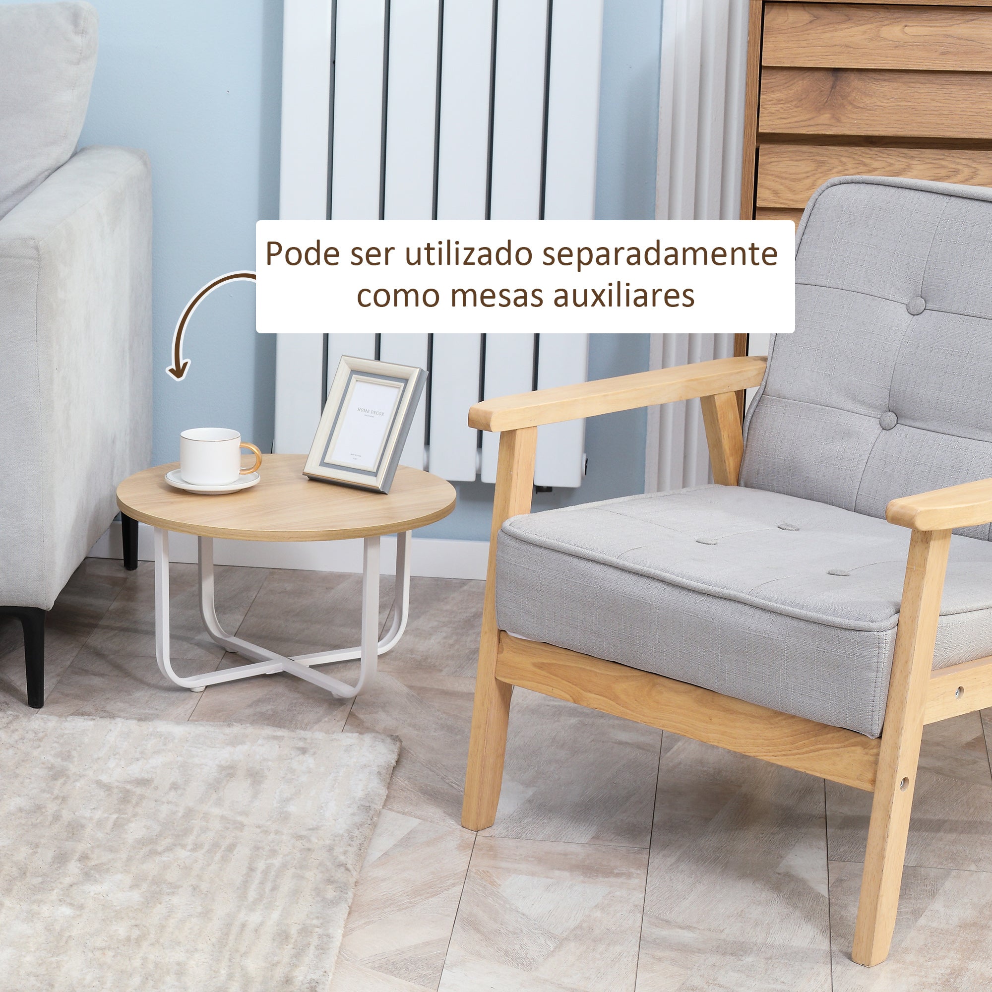 Conjunto de 2 Mesas de Centro Redondas Ø65x32cm e Ø45x26cm - Madeira e Branco