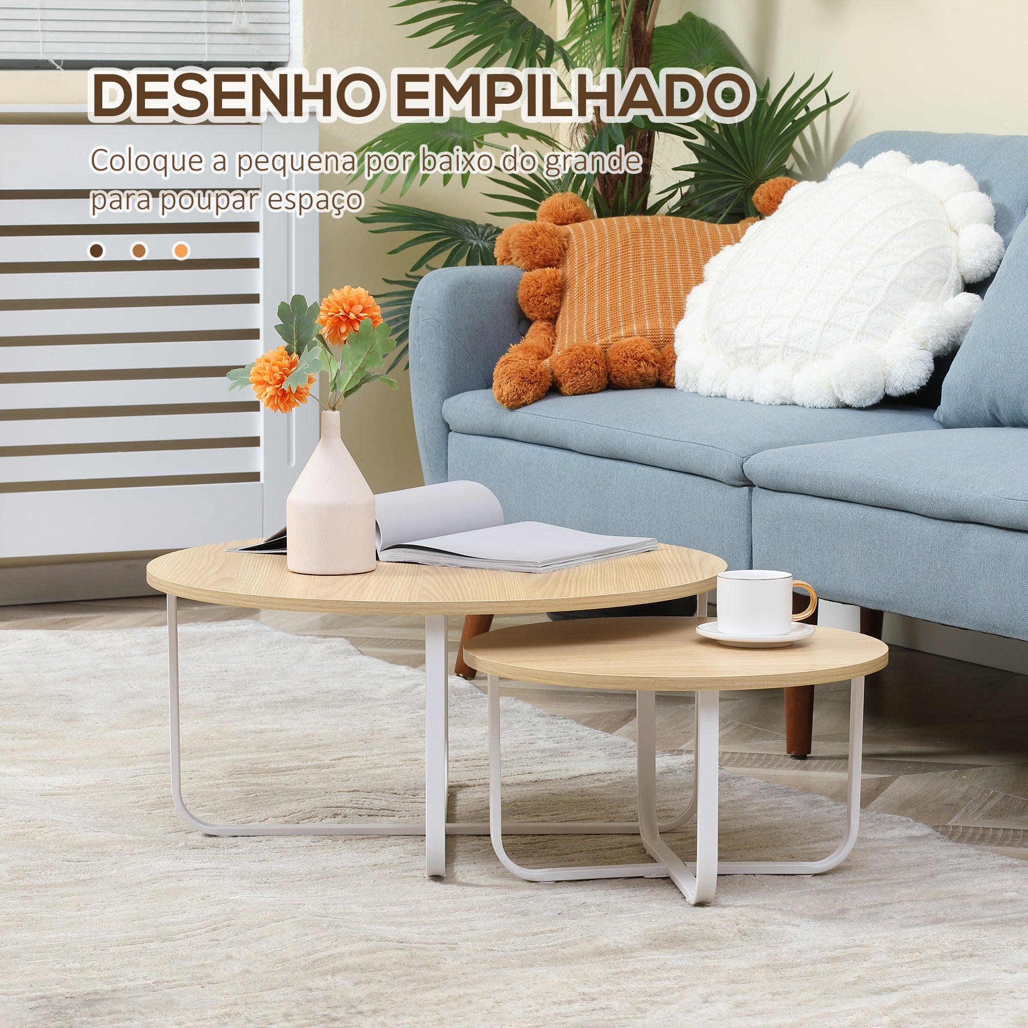 Conjunto de 2 Mesas de Centro Redondas Ø65x32cm e Ø45x26cm - Madeira e Branco