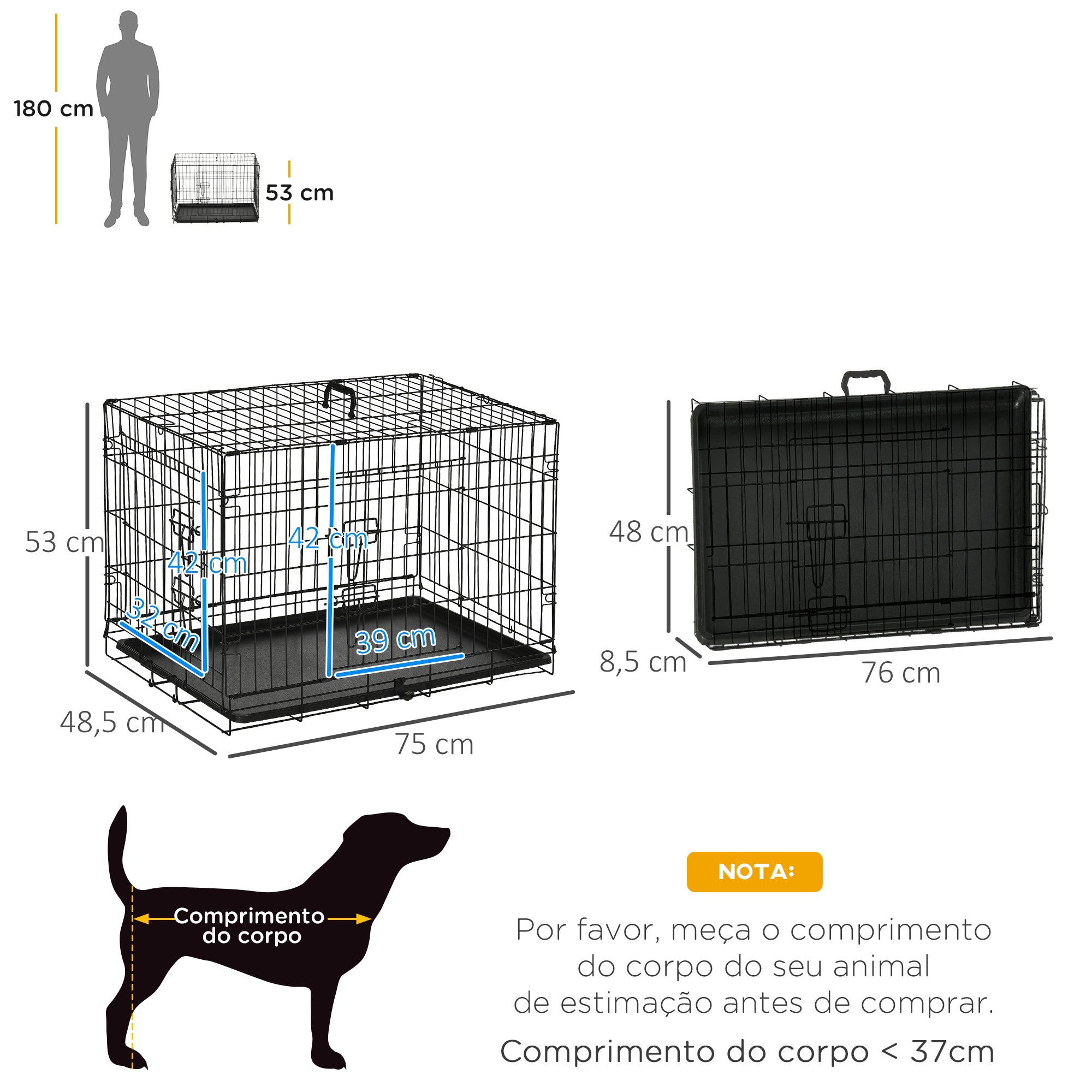Gaiola para Cães 76x46x52cm Preto - Gaiola de Aço Dobrável com 2 Portas e Alça de Transporte