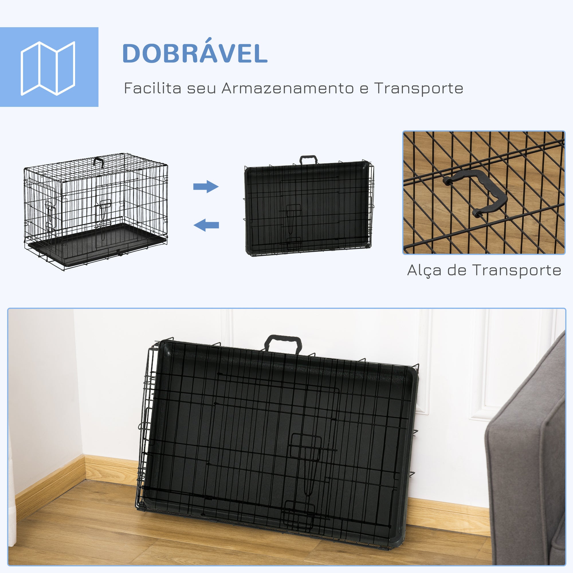 Gaiola para Cães 76x46x52cm Preto - Gaiola de Aço Dobrável com 2 Portas e Alça de Transporte