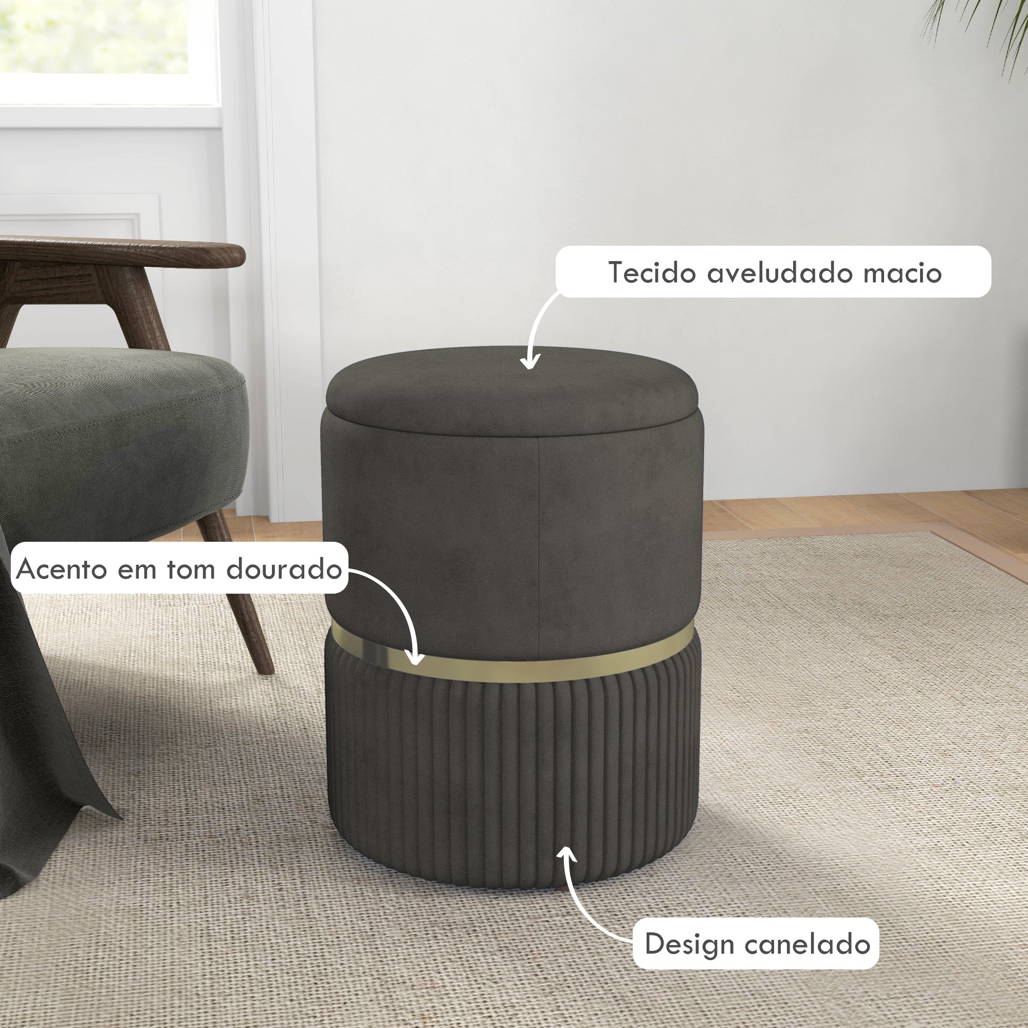 Banco de Armazenamento Puff – Ø36x44 cm – Cinza – Veludo