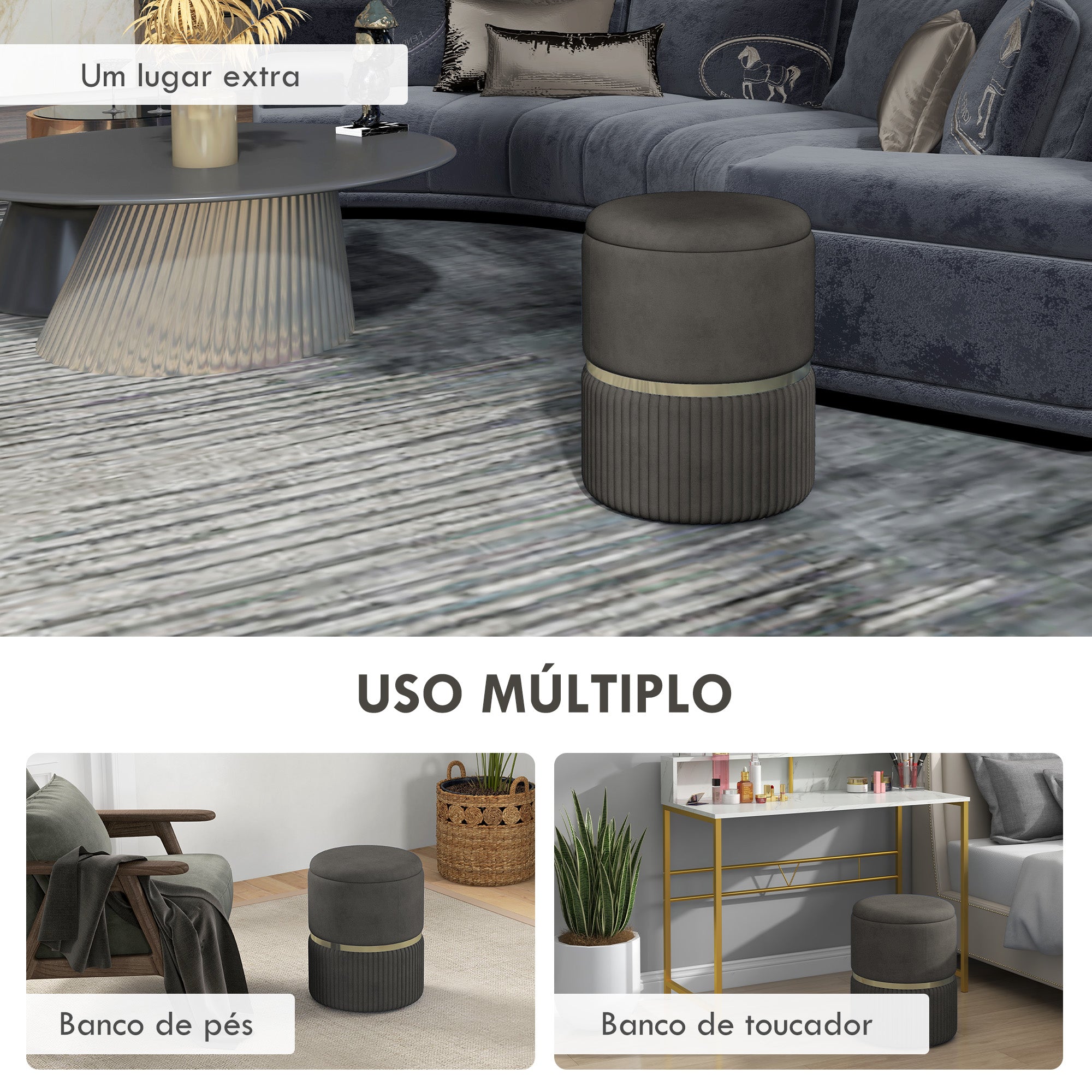 Banco de Armazenamento Puff – Ø36x44 cm – Cinza – Veludo