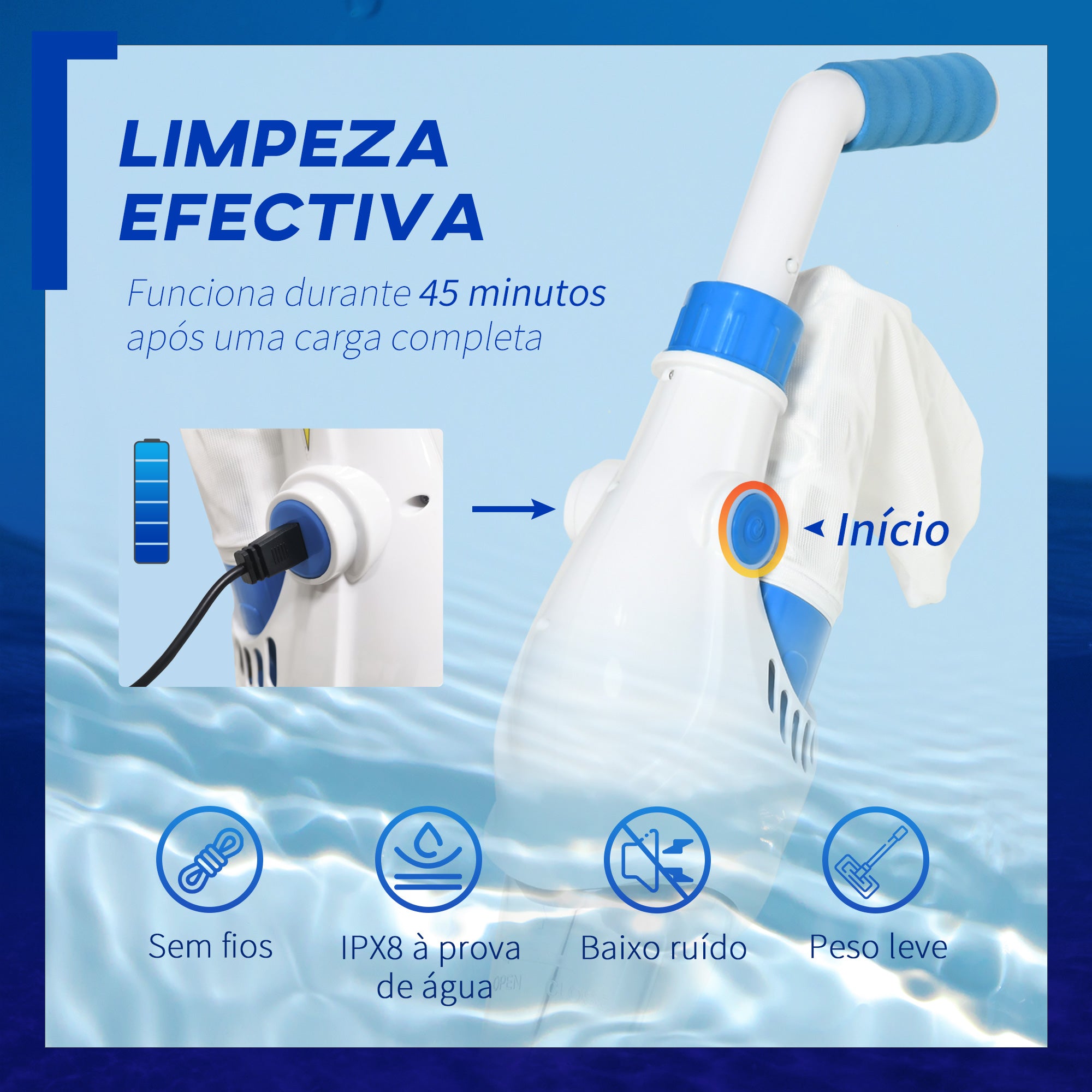 Aspirador de Piscina Elétrico Autônomo 161x20x17 cm Azul e Branco