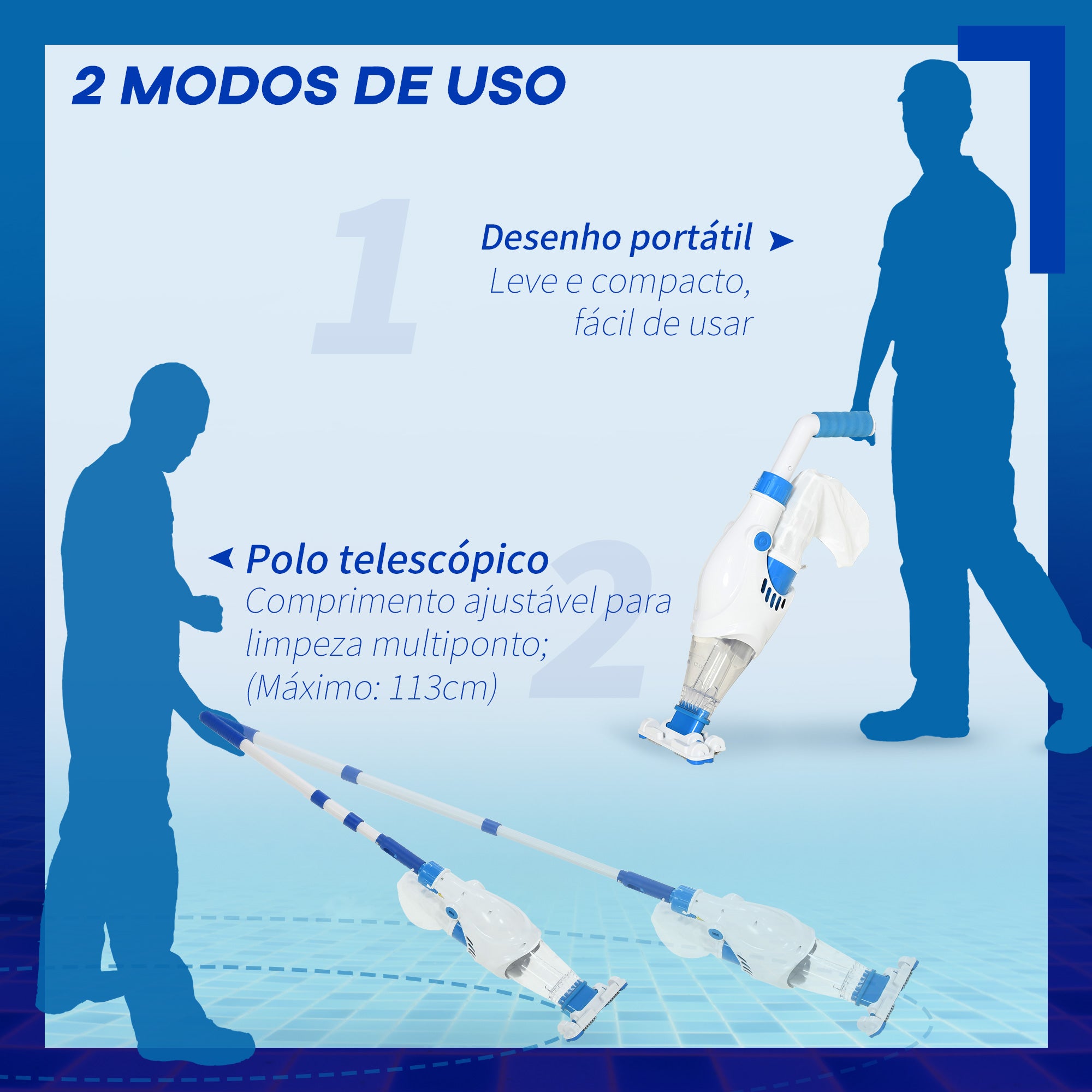 Aspirador de Piscina Elétrico Autônomo 161x20x17 cm Azul e Branco