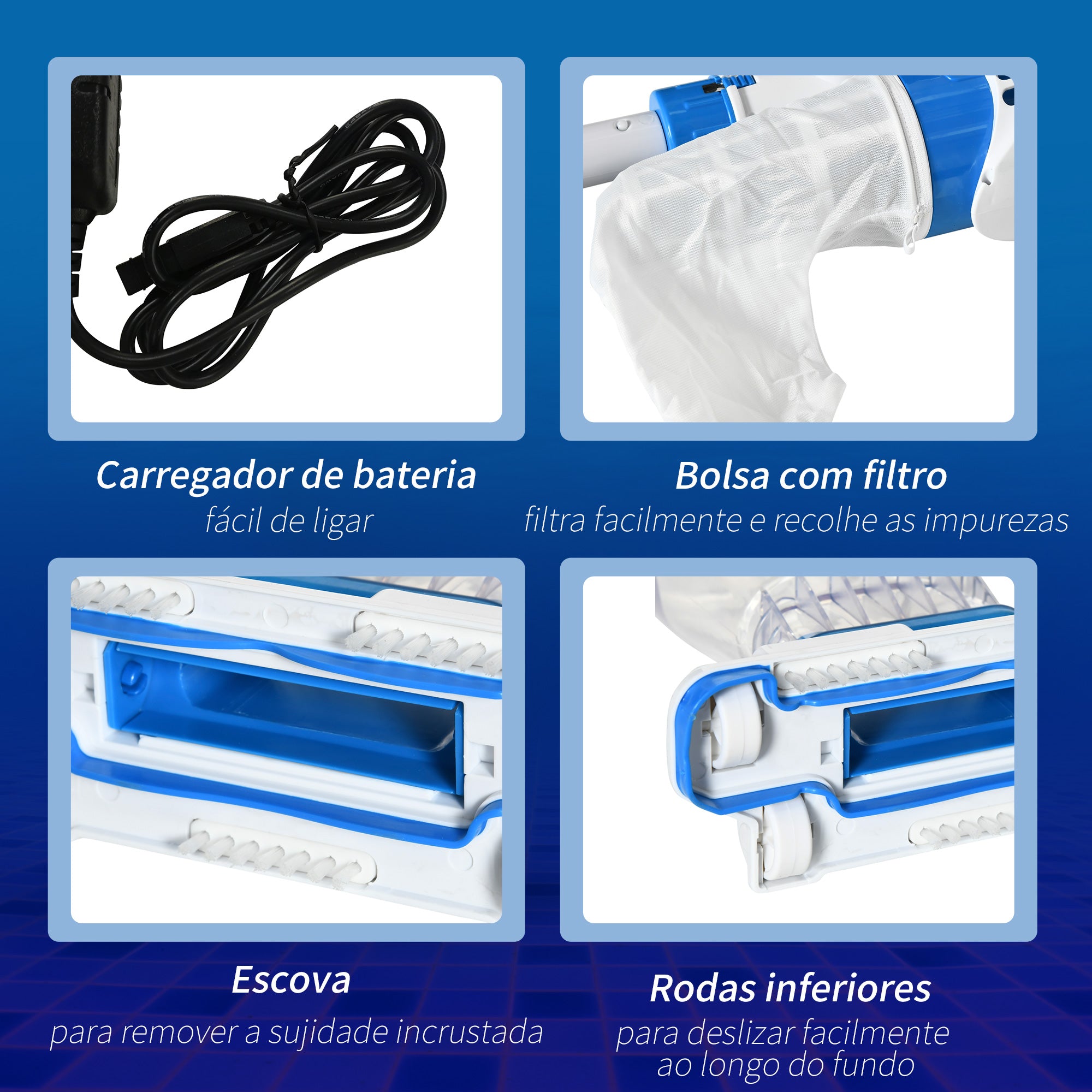 Aspirador de Piscina Elétrico Autônomo 161x20x17 cm Azul e Branco
