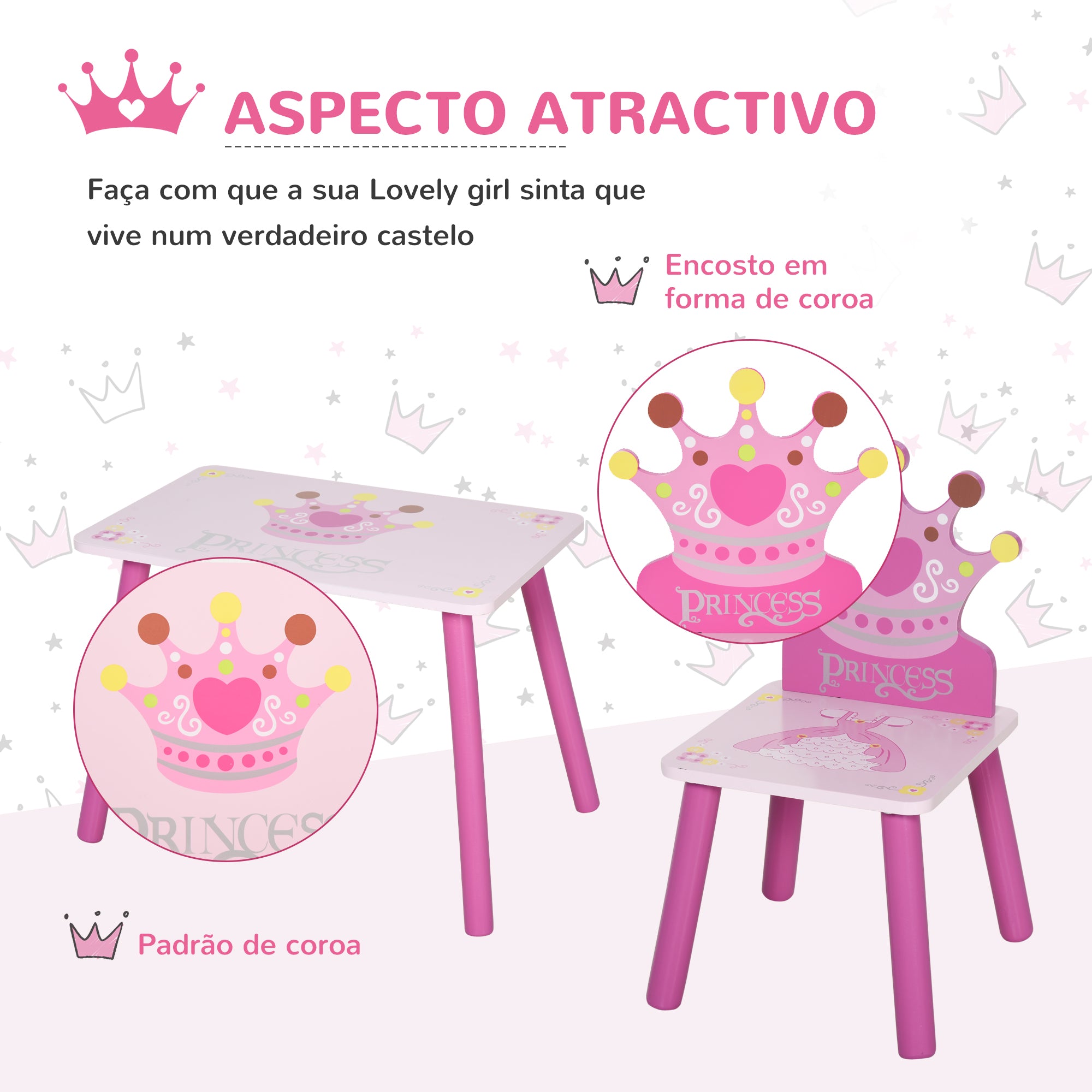 Conjunto de Mesa e 2 Cadeiras Infantis em Madeira - Rosa 55x34x42cm