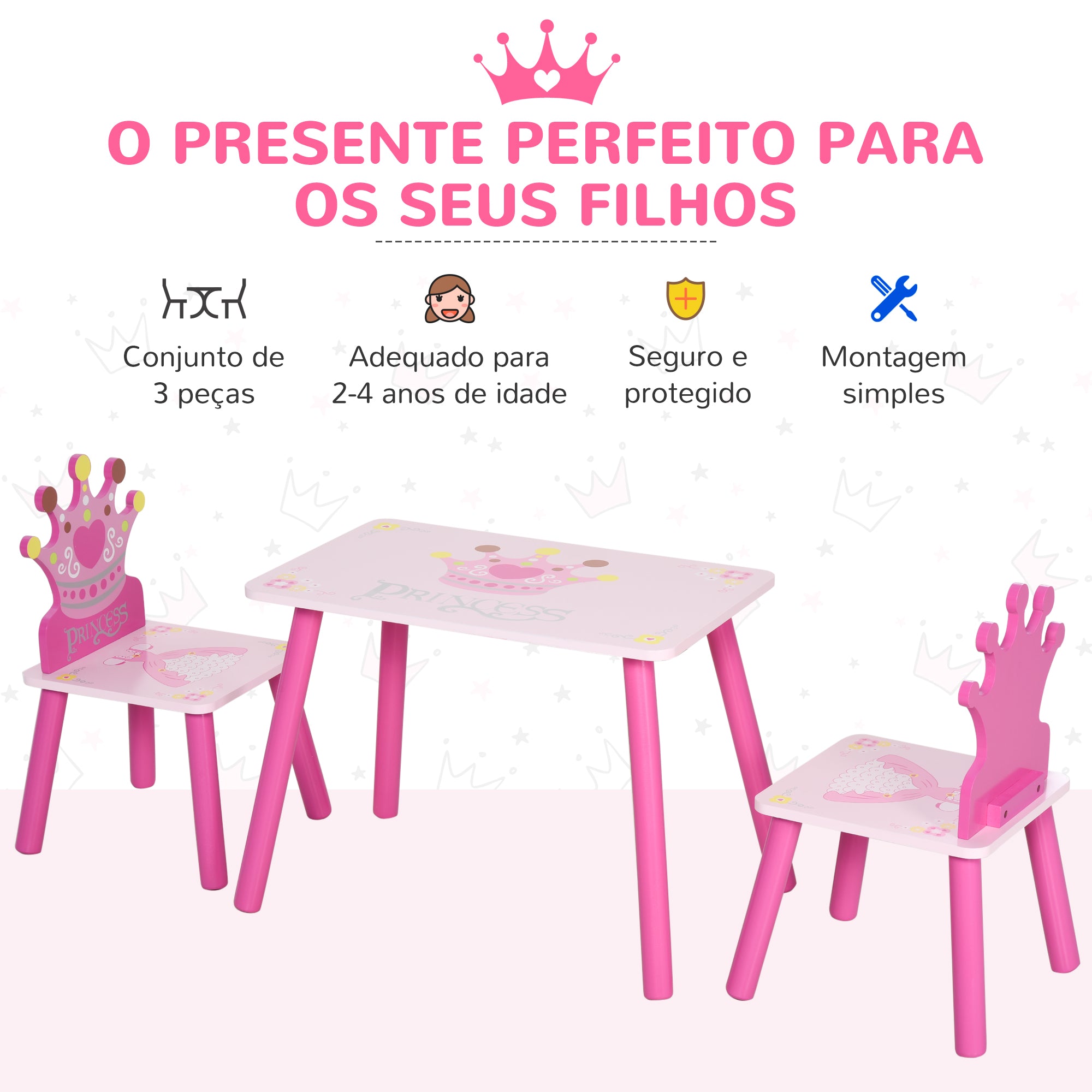 Conjunto de Mesa e 2 Cadeiras Infantis em Madeira - Rosa 55x34x42cm