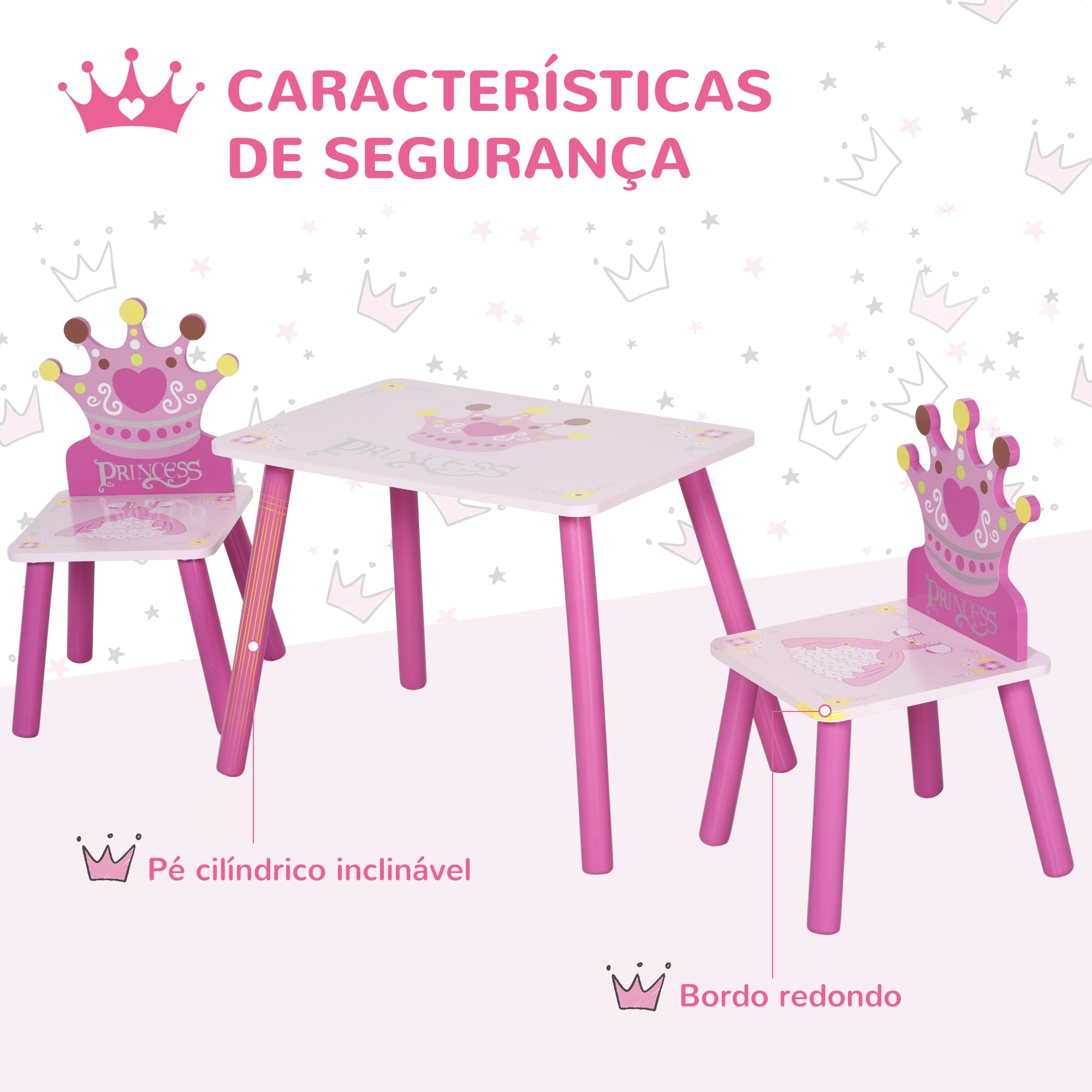 Conjunto de Mesa e 2 Cadeiras Infantis em Madeira - Rosa 55x34x42cm