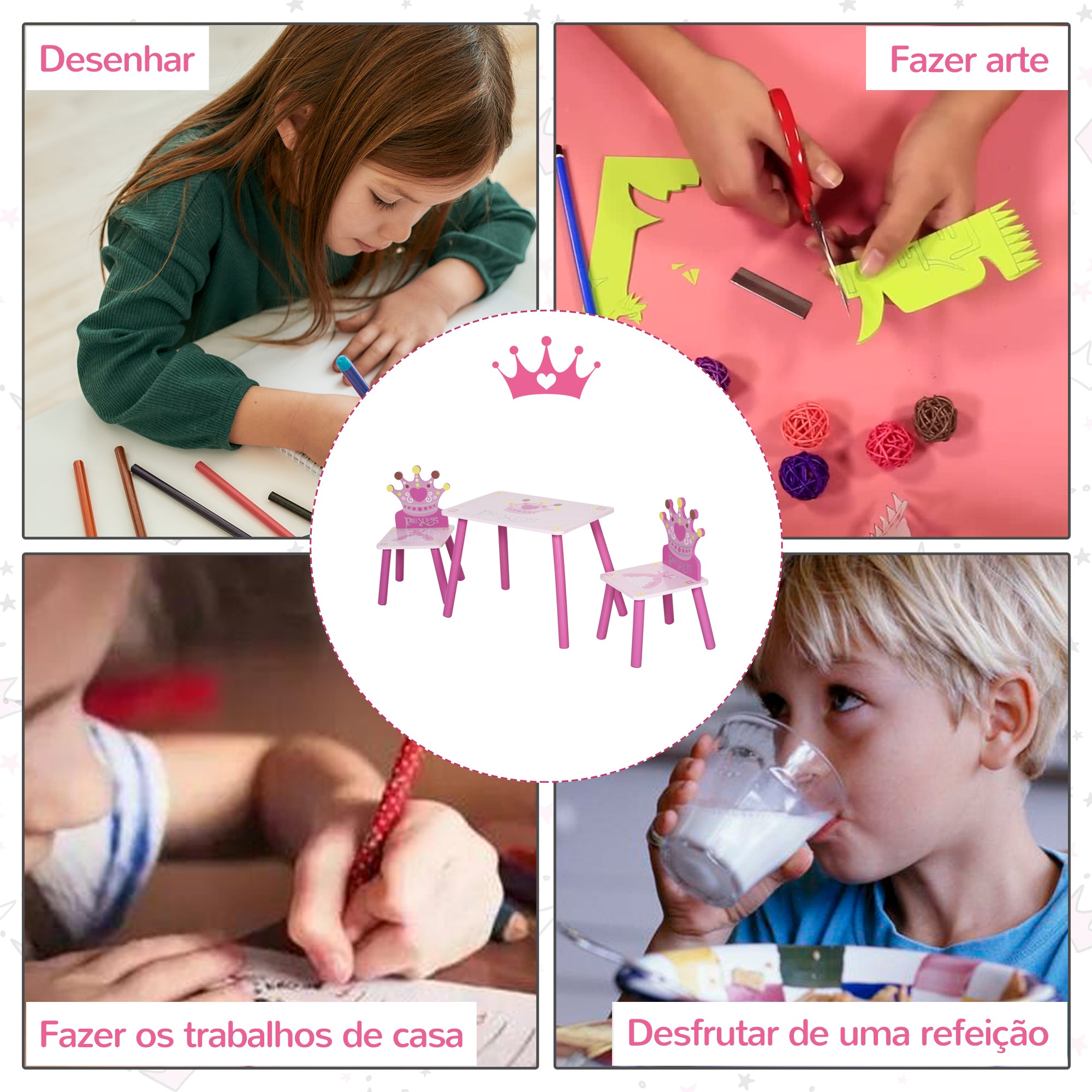 Conjunto de Mesa e 2 Cadeiras Infantis em Madeira - Rosa 55x34x42cm