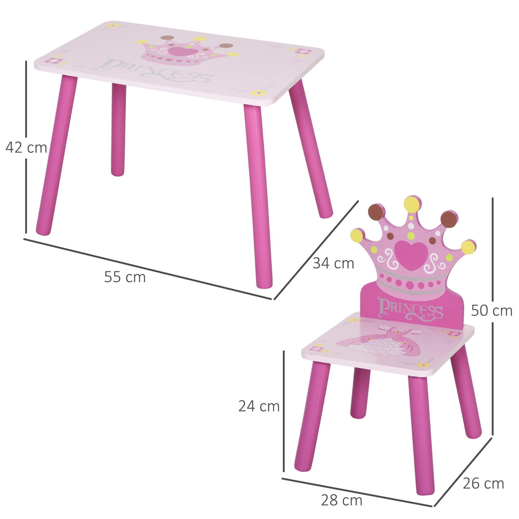 Conjunto de Mesa e 2 Cadeiras Infantis em Madeira - Rosa 55x34x42cm