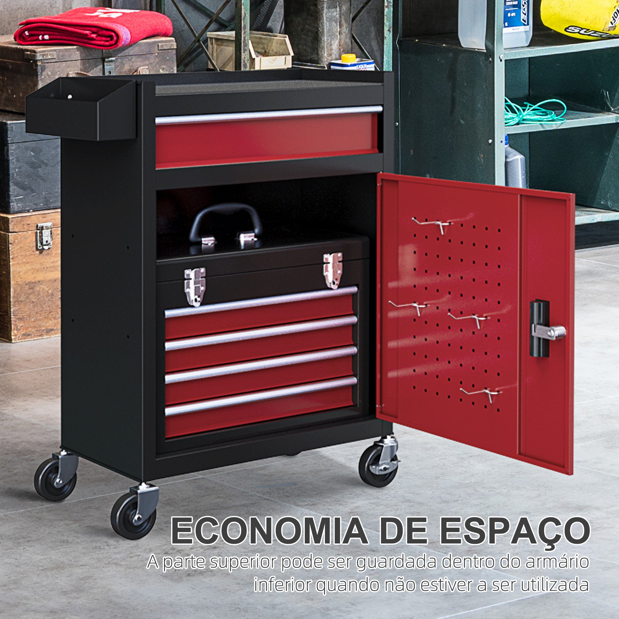 Carrinho de Ferramentas de Aço com 5 Gavetas - 60x28x72 cm - Vermelho e Preto