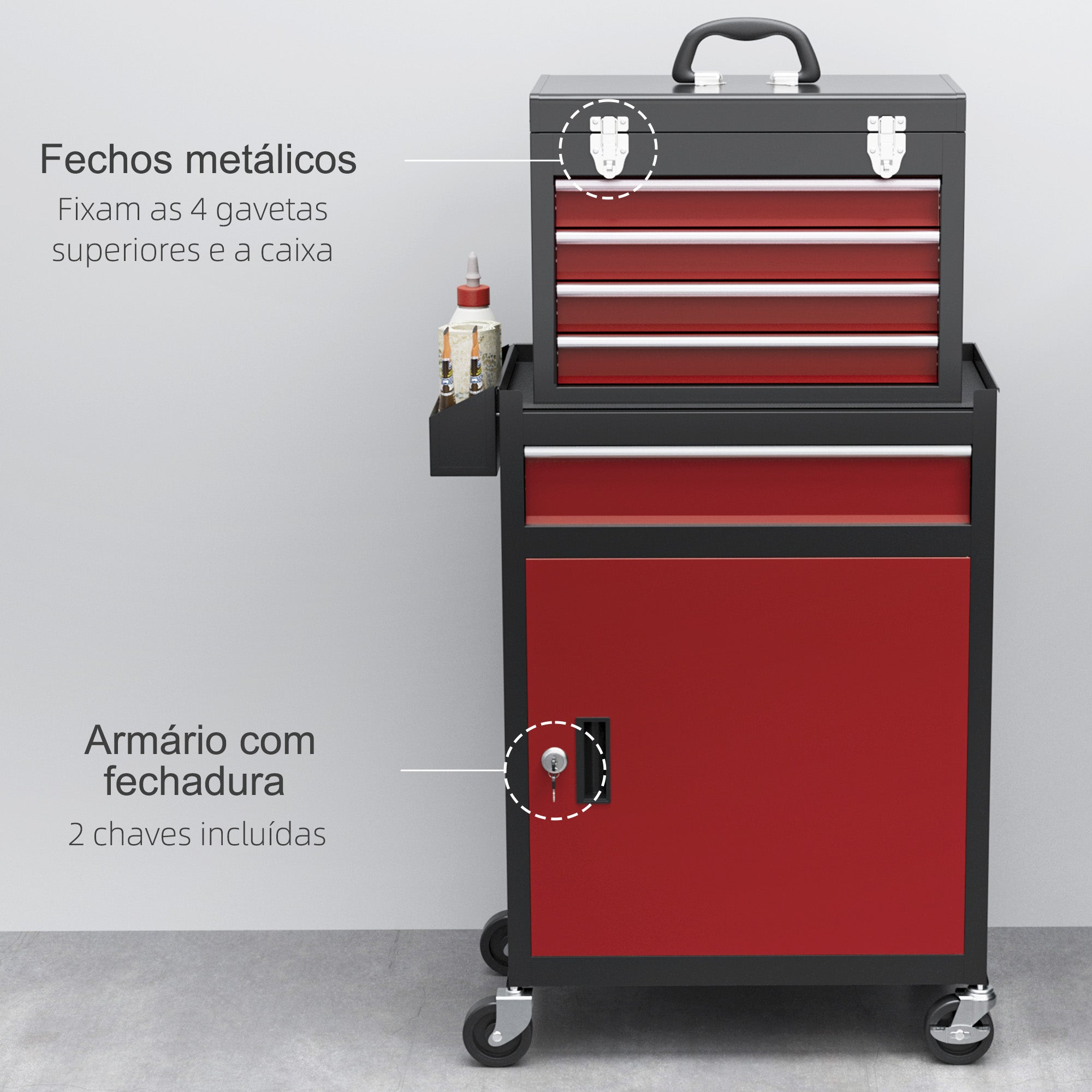 Carrinho de Ferramentas de Aço com 5 Gavetas - 60x28x72 cm - Vermelho e Preto