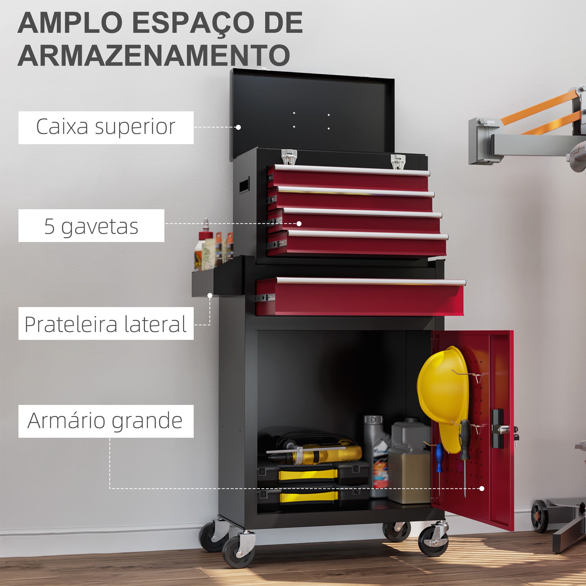 Carrinho de Ferramentas de Aço com 5 Gavetas - 60x28x72 cm - Vermelho e Preto