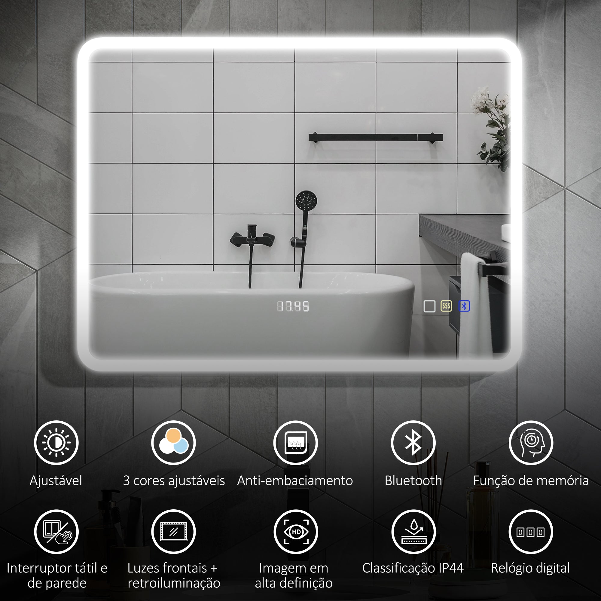 Espelho de Casa de Banho LED 80x60 cm Prata