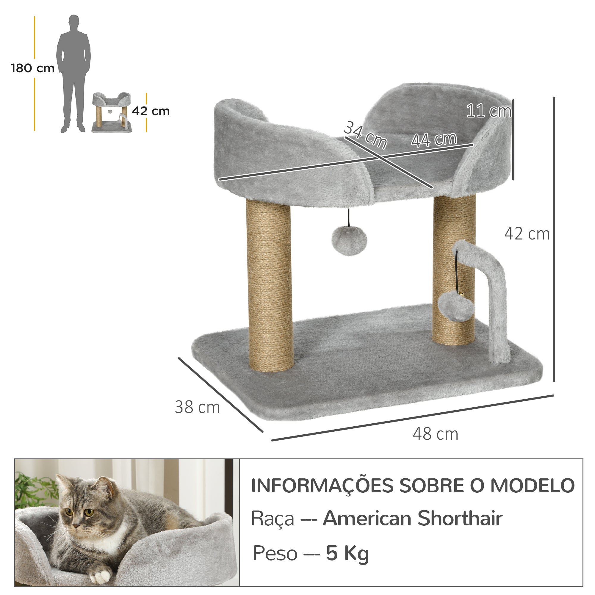Arranhador para Gatos Cinza 48x38x42 cm - Postes de Juta e Cama Confortável
