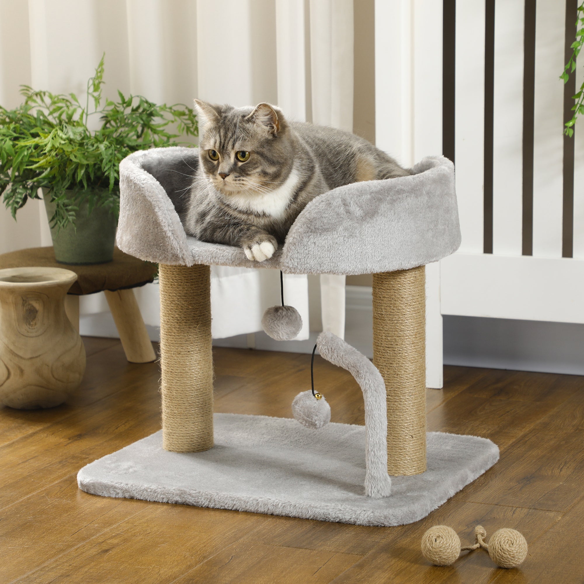 Arranhador para Gatos Cinza 48x38x42 cm - Postes de Juta e Cama Confortável