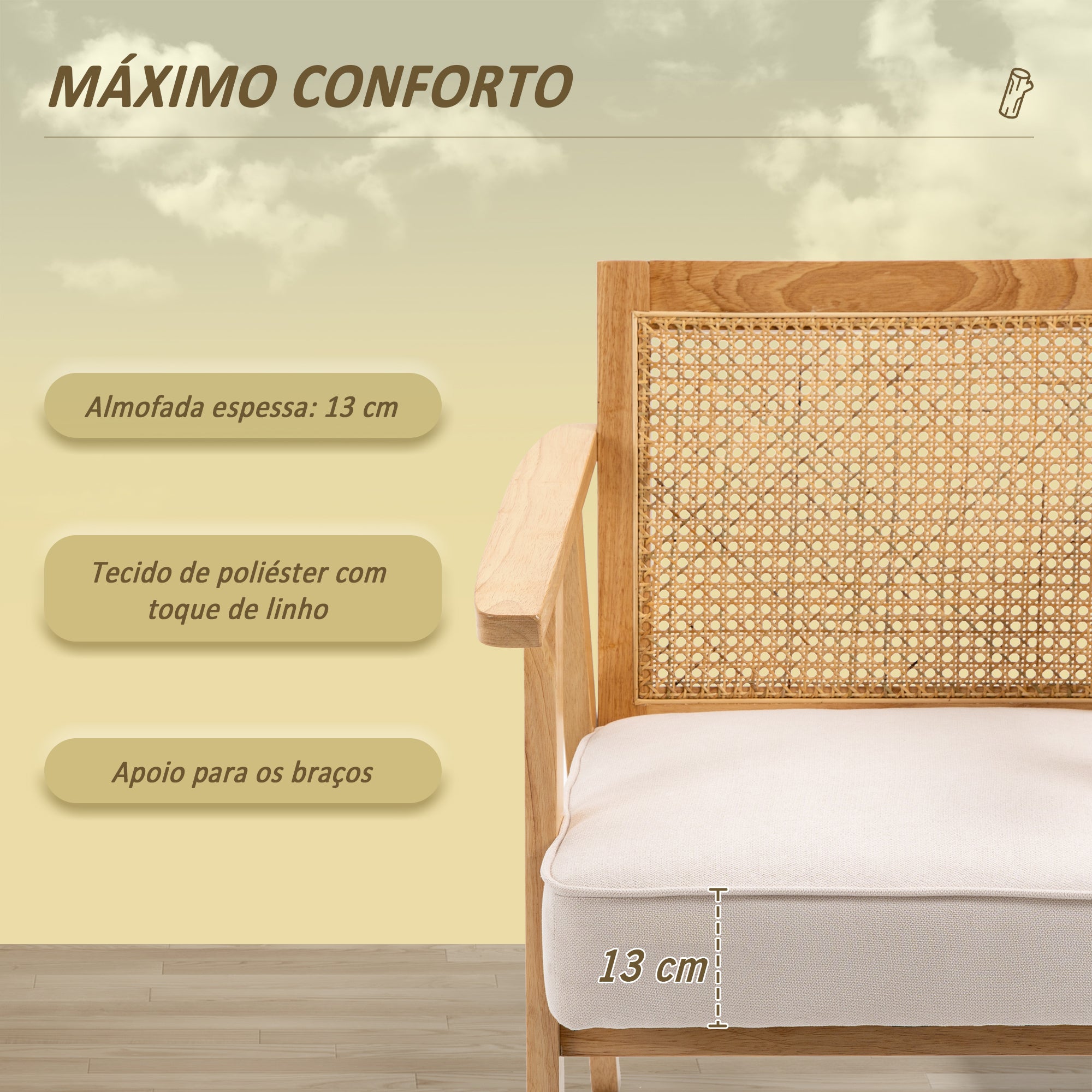 Cadeira com Apoio para os Braços em Vime e Madeira - 63x69x78 cm - Cor Madeira e Bege