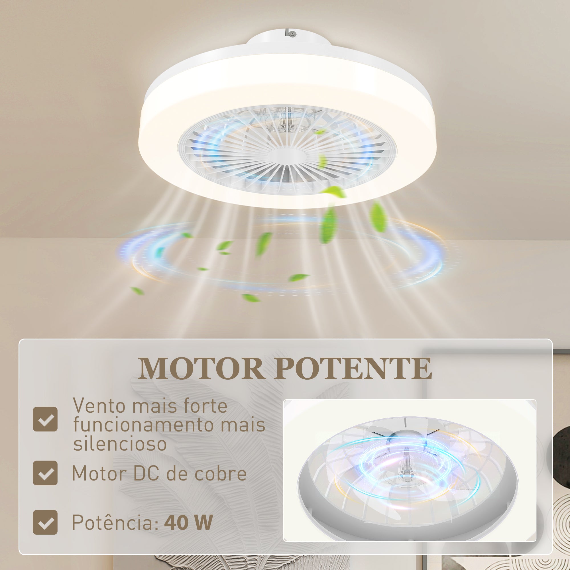 Ventoinha de Teto com Luz LED Ø46x16 cm - Branco