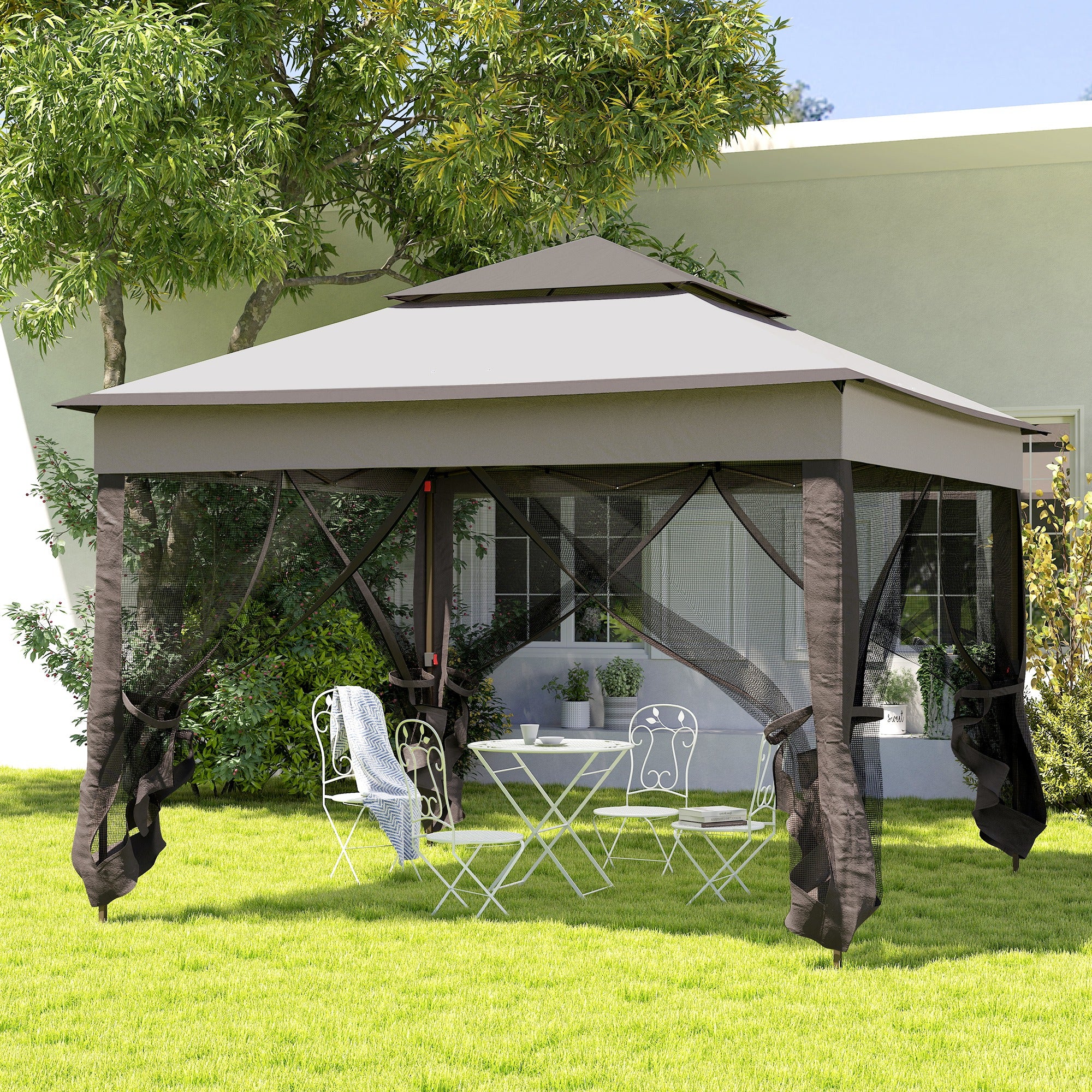 Tenda de Jardim 325x325x270 cm com Rede Mosquiteira Amovível - Cinzento