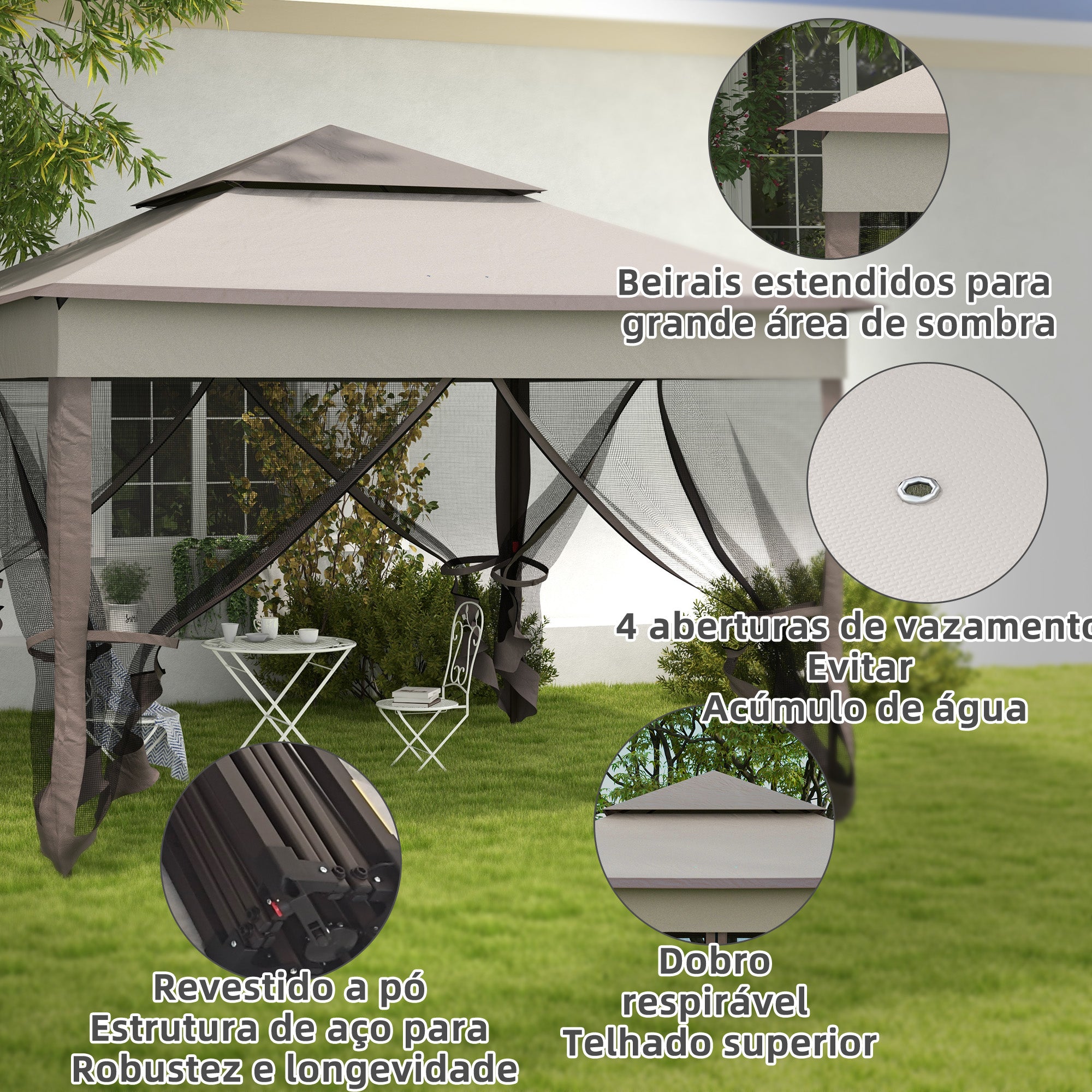 Tenda de Jardim 325x325x270 cm com Rede Mosquiteira Amovível - Cinzento