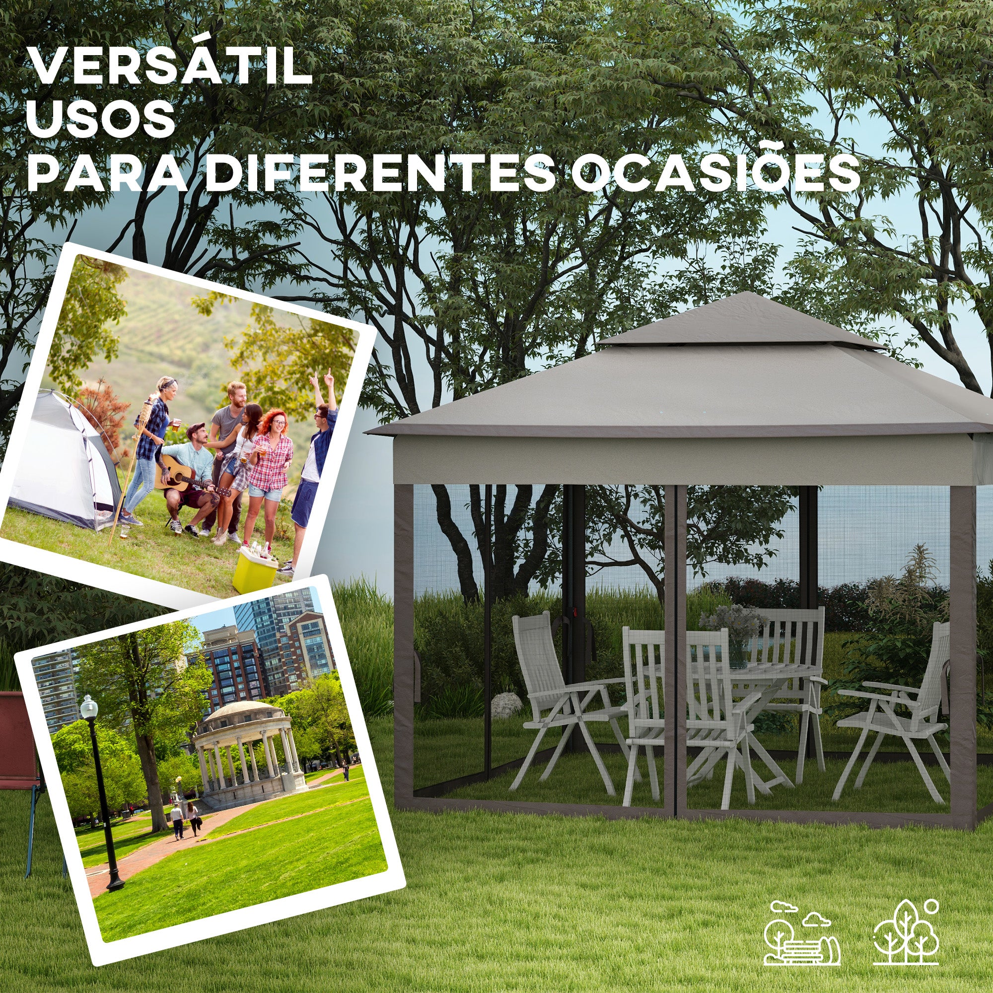 Tenda de Jardim 325x325x270 cm com Rede Mosquiteira Amovível - Cinzento