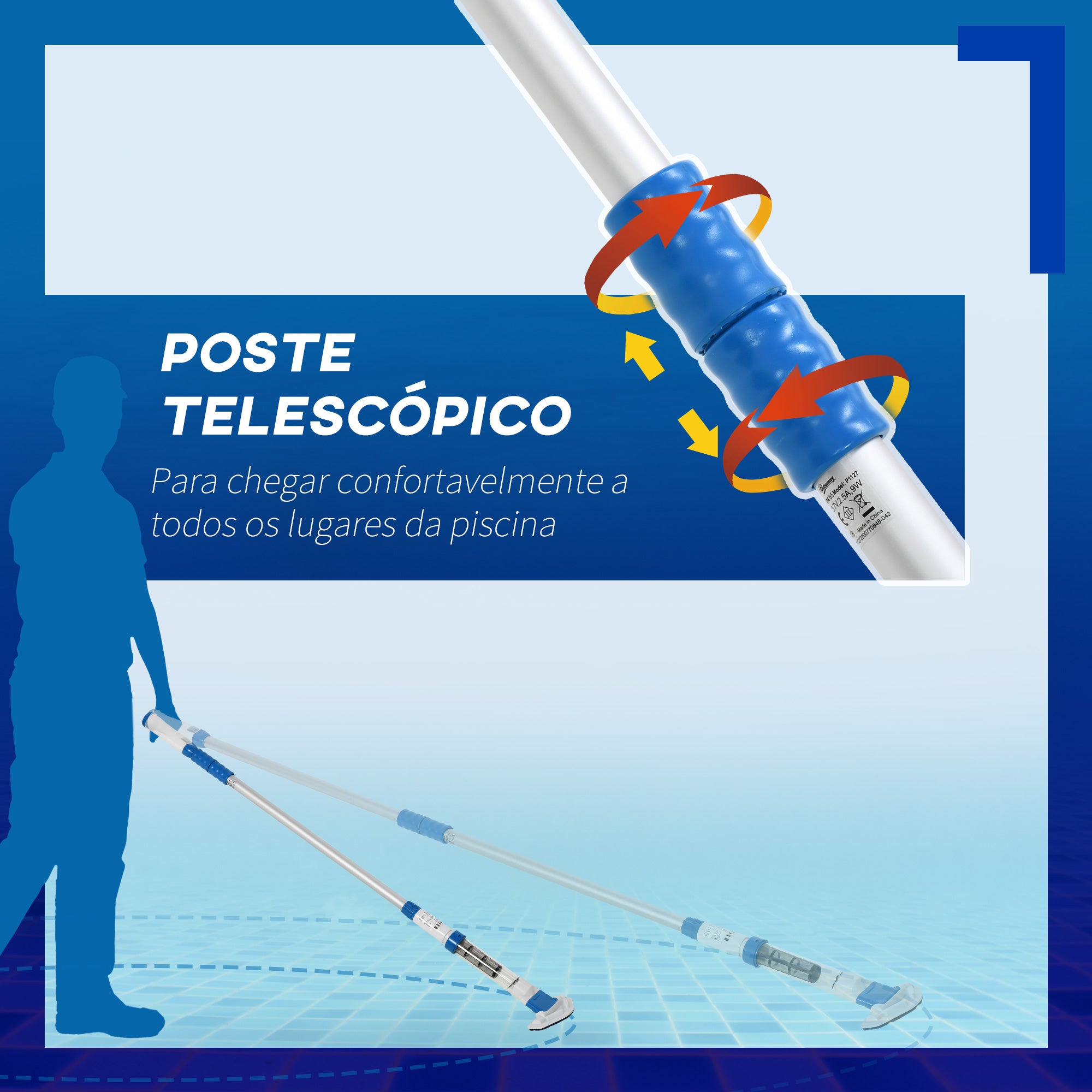 Aspirador Limpador para Piscina Elétrico Autonomia 45 Minutos 210x17x7cm Prata, Branco e Azul
