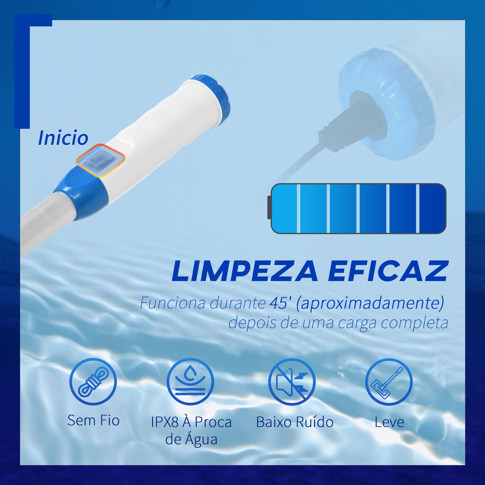 Aspirador Limpador para Piscina Elétrico Autonomia 45 Minutos 210x17x7cm Prata, Branco e Azul