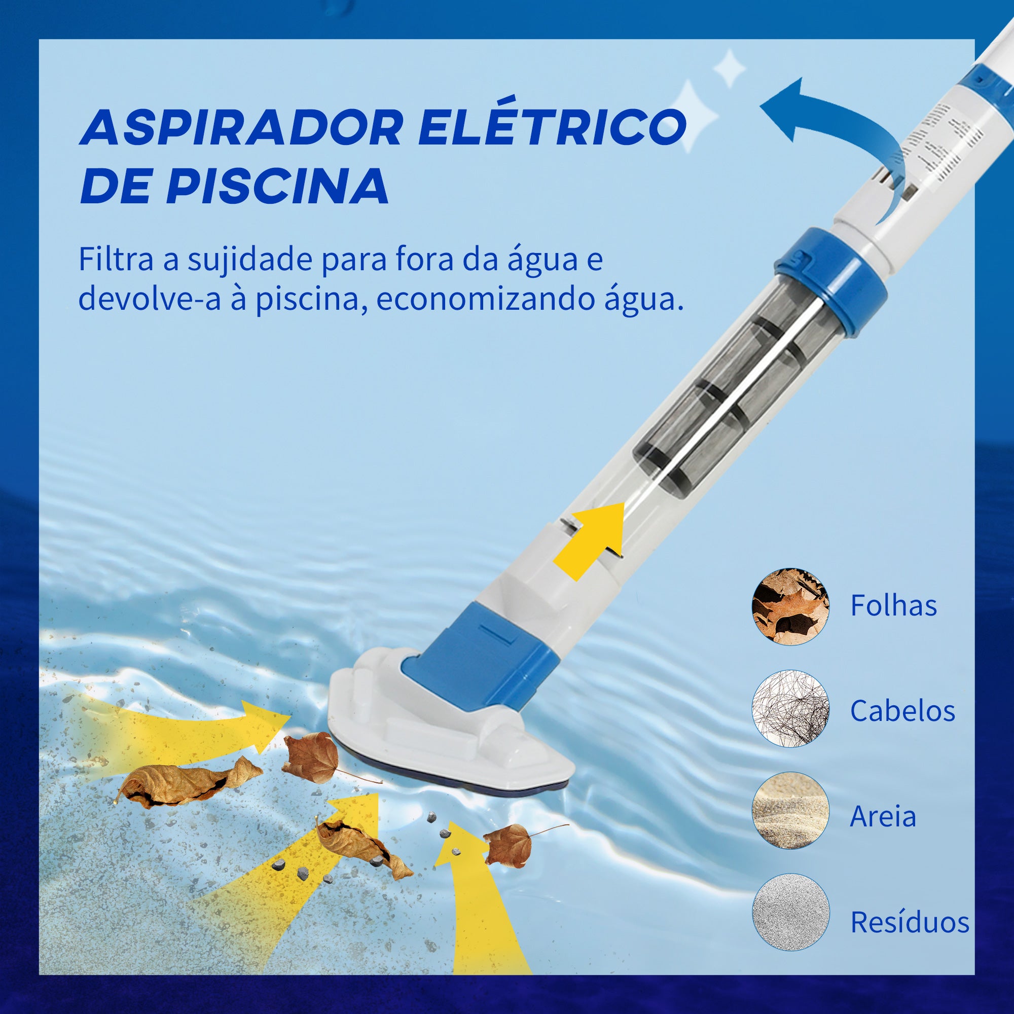 Aspirador Limpador para Piscina Elétrico Autonomia 45 Minutos 210x17x7cm Prata, Branco e Azul