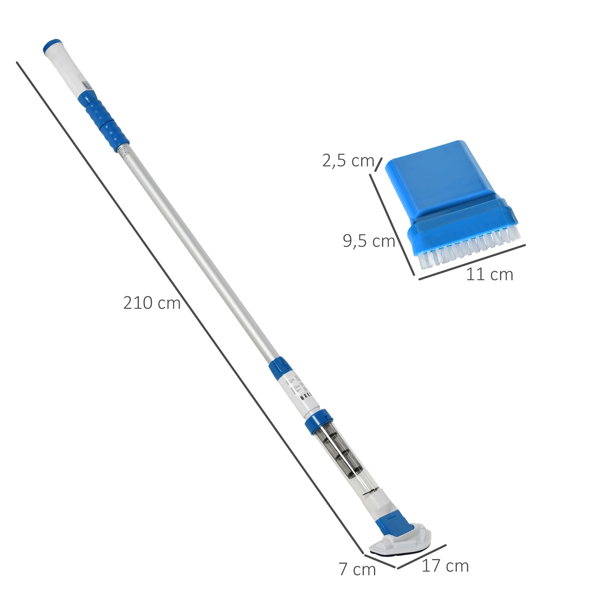Aspirador Limpador para Piscina Elétrico Autonomia 45 Minutos 210x17x7cm Prata, Branco e Azul