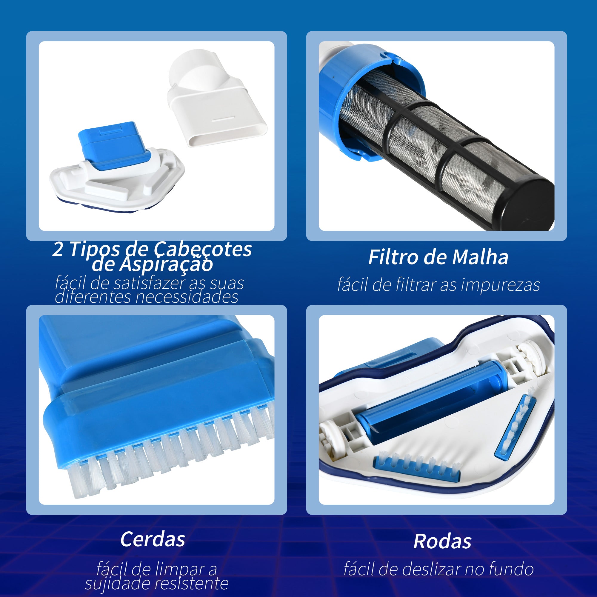 Aspirador Limpador para Piscina Elétrico Autonomia 45 Minutos 210x17x7cm Prata, Branco e Azul