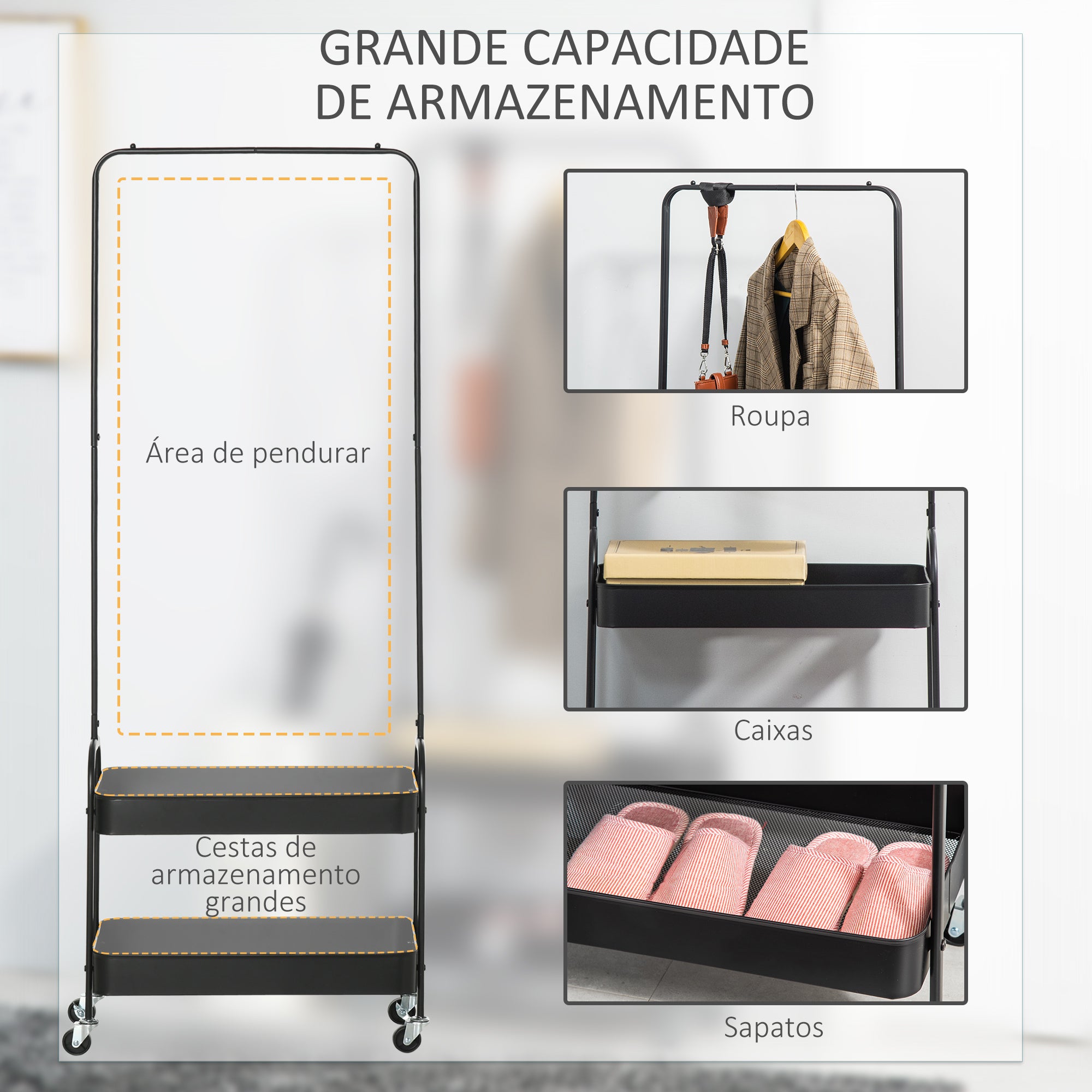 Charriot Organizador com Rodas – 56,5x31,5x152,5 cm – Preto – Aço revestido a pó e PP