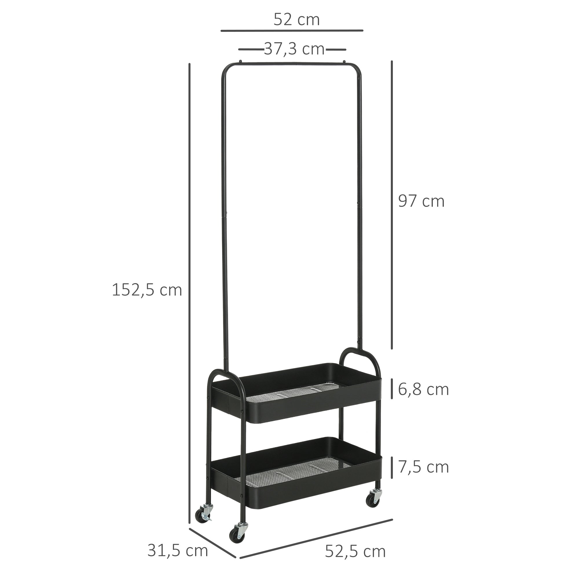 Charriot Organizador com Rodas – 56,5x31,5x152,5 cm – Preto – Aço revestido a pó e PP