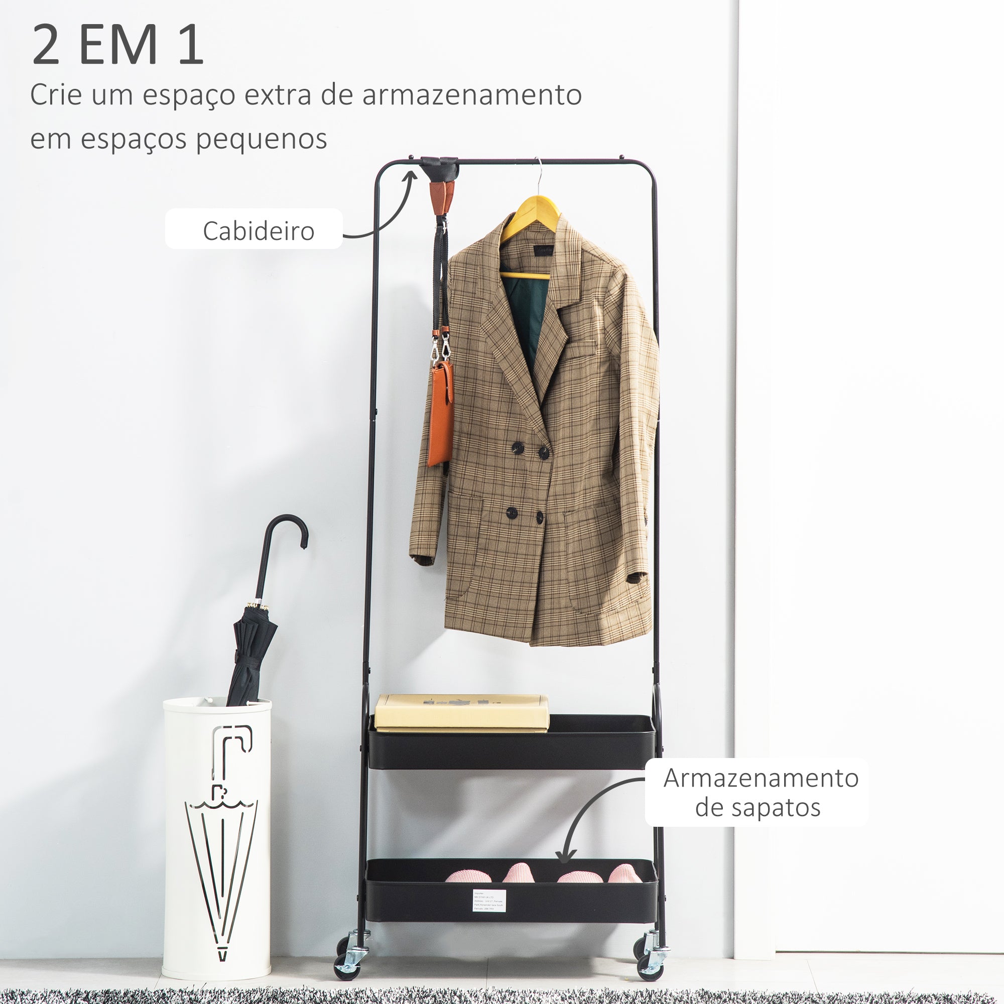 Charriot Organizador com Rodas – 56,5x31,5x152,5 cm – Preto – Aço revestido a pó e PP