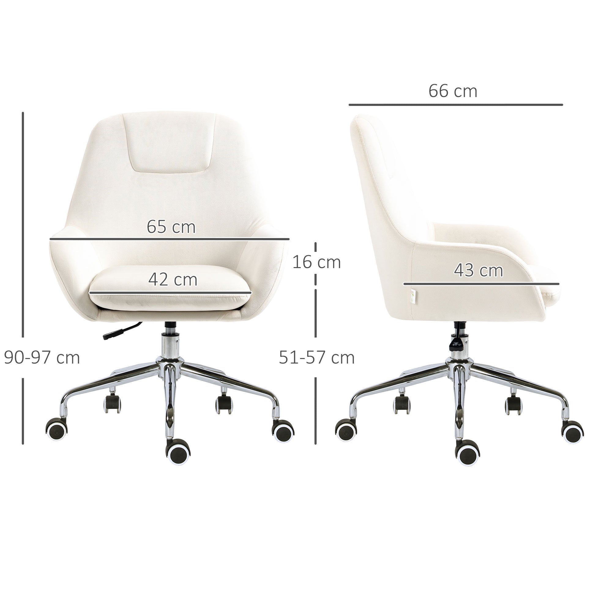 Cadeira de Escritório Giratória de Veludo Creme 65x66x90-97cm