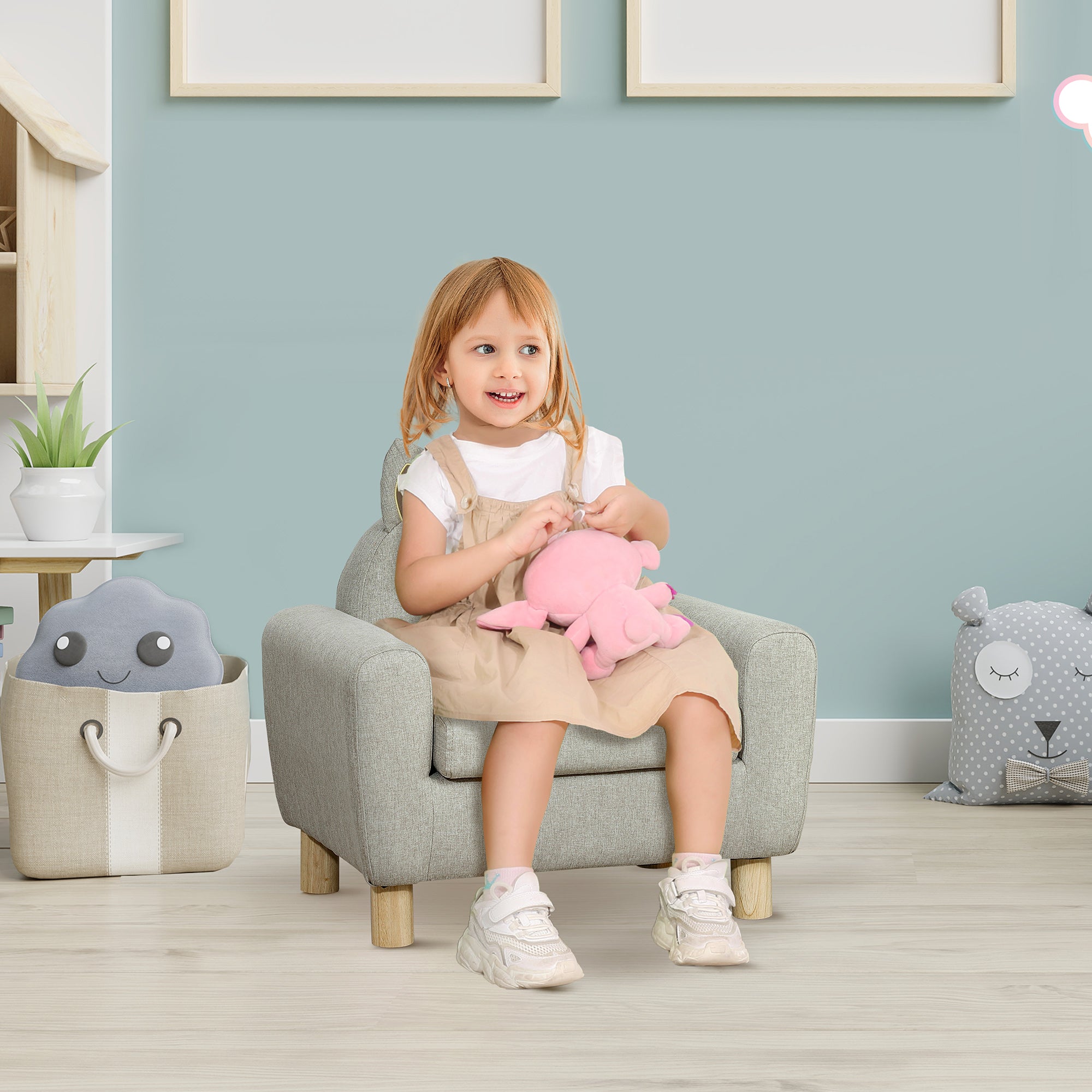 Poltrona Infantil Mini Sofá – 60x42x50 cm – Cinza – Madeira de Eucalipto