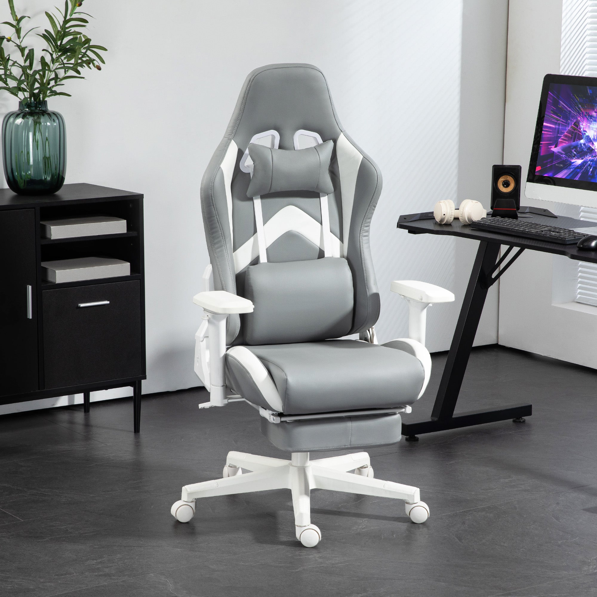 Cadeira Gamer Reclinável Cinza Claro e Branco 74x73x120-129 cm