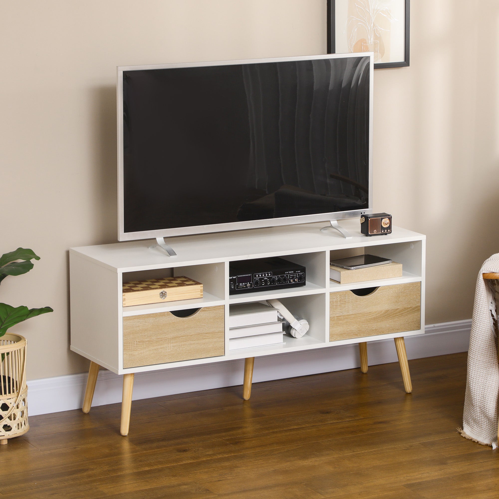 Móvel de TV Moderno com 2 Gavetas e 4 Compartimentos - 117x39x57cm - Cor de Madeira Natural e Branco