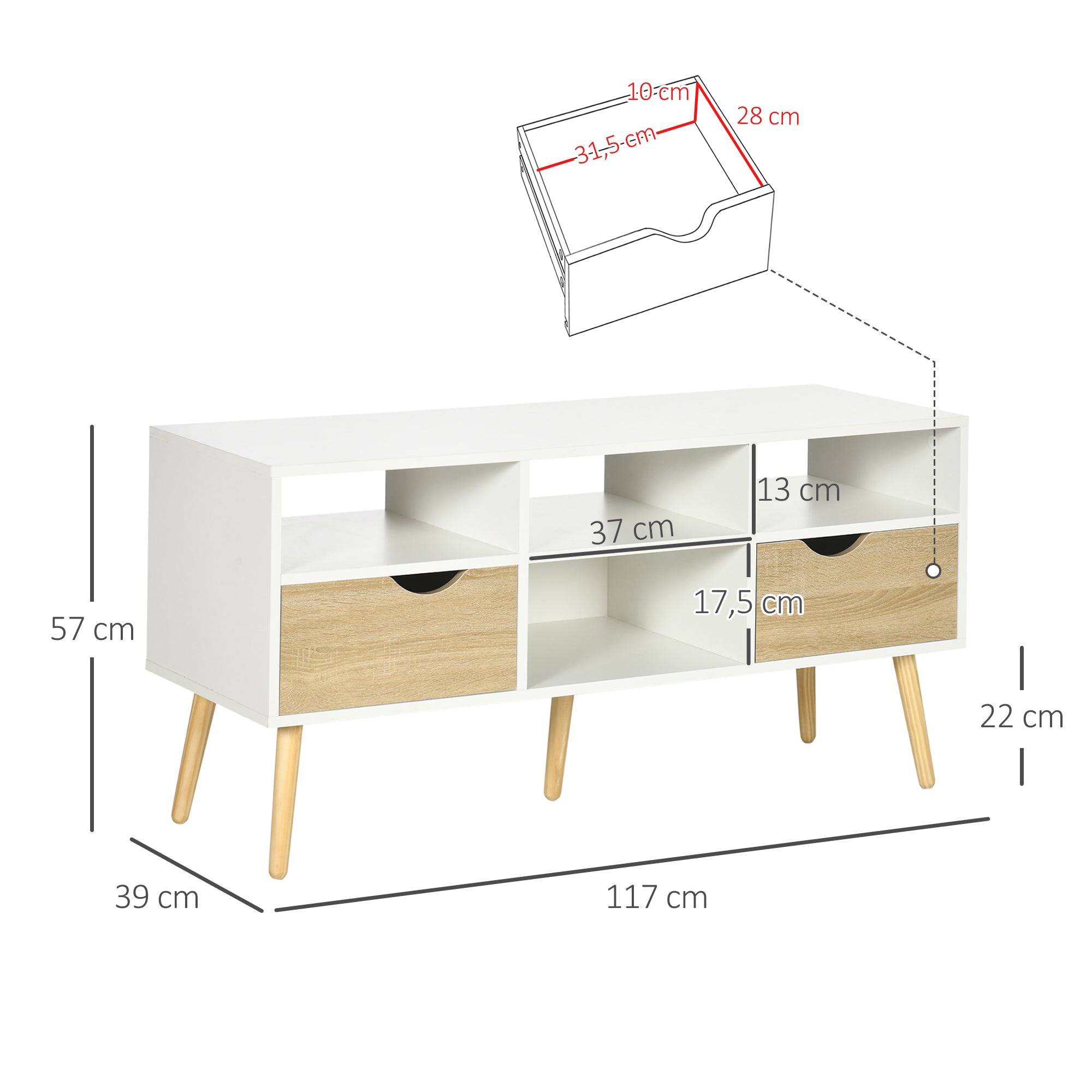 Móvel de TV Moderno com 2 Gavetas e 4 Compartimentos - 117x39x57cm - Cor de Madeira Natural e Branco