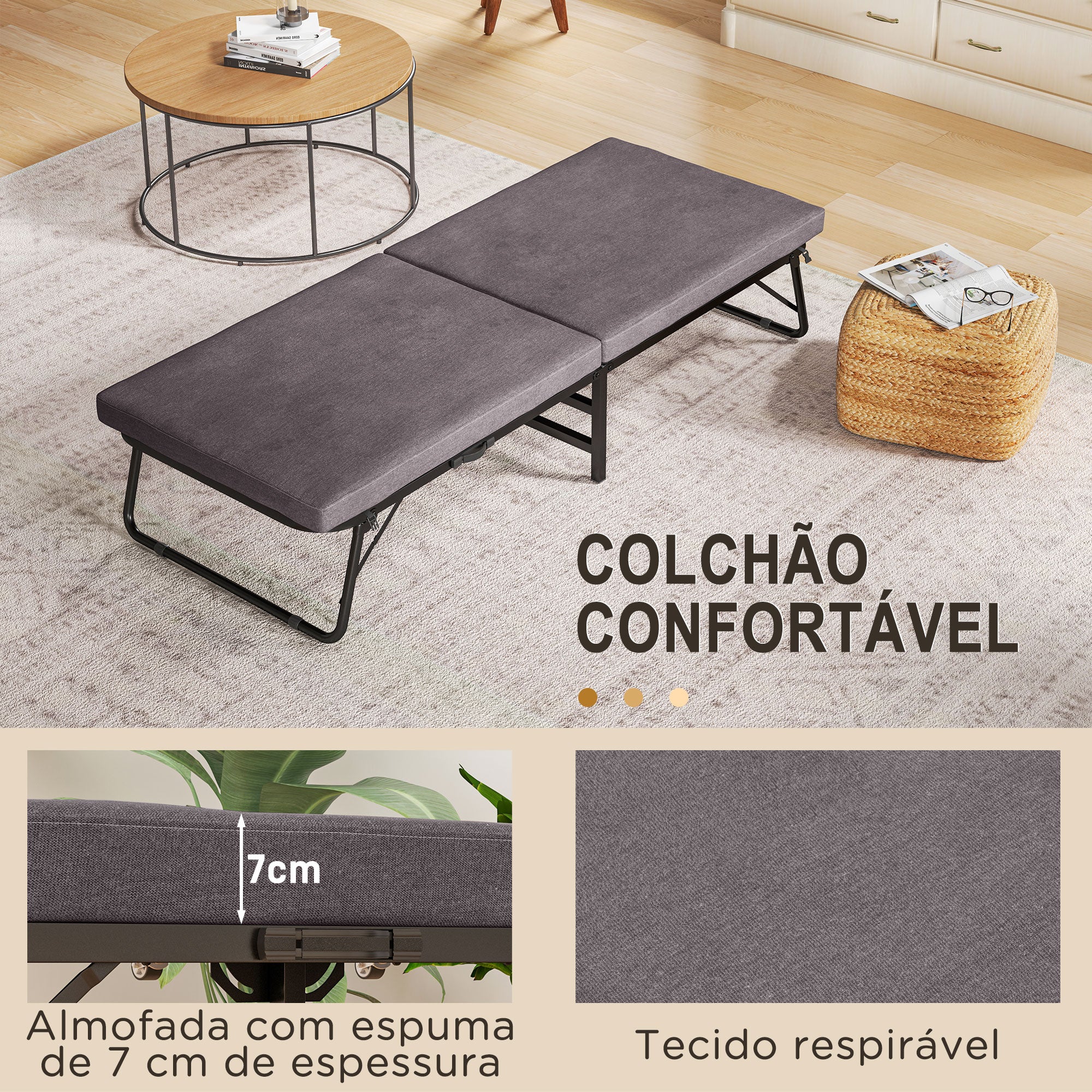 Cama Dobrável – 180x70x38 cm – Marrom – Metal e Tecido