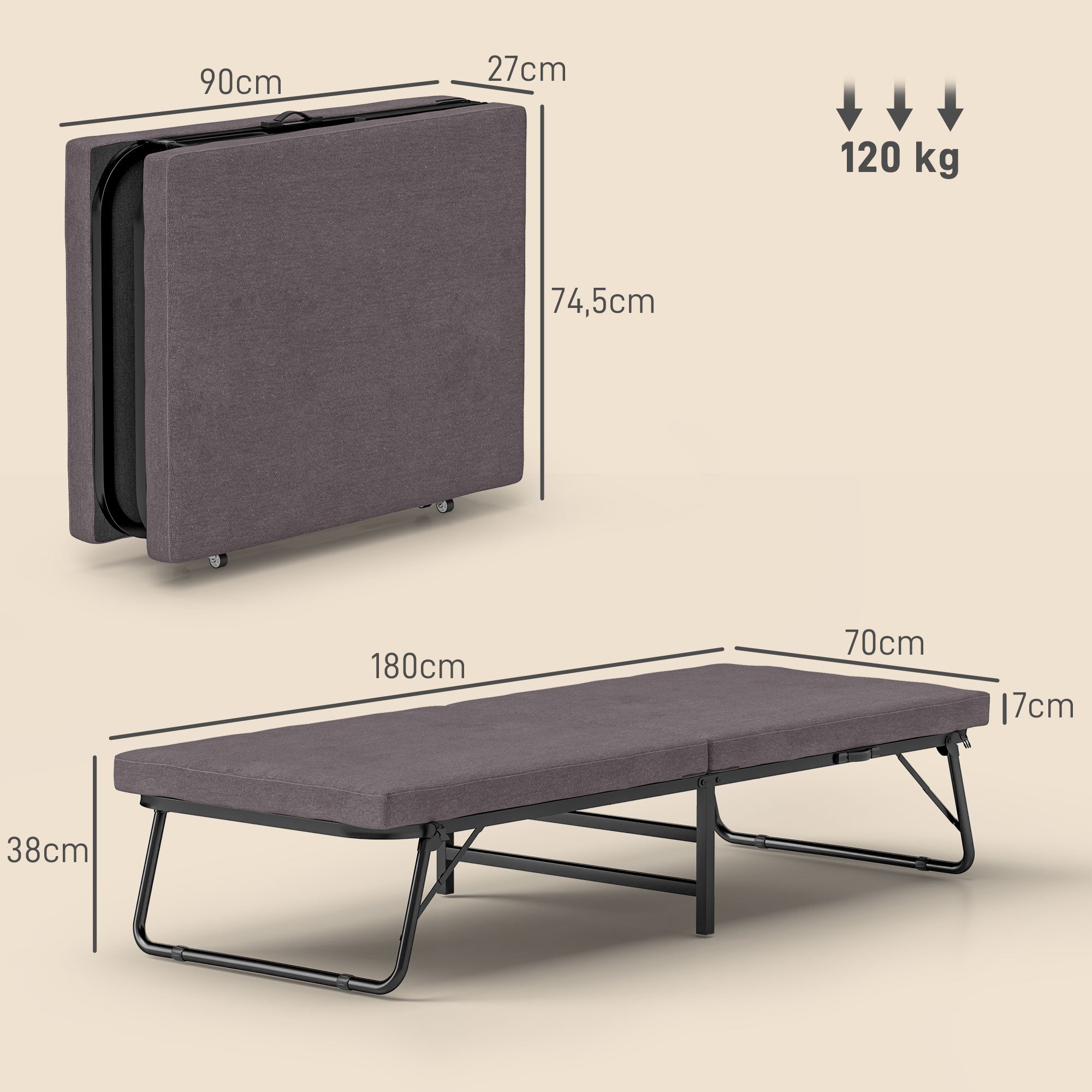 Cama Dobrável – 180x70x38 cm – Marrom – Metal e Tecido