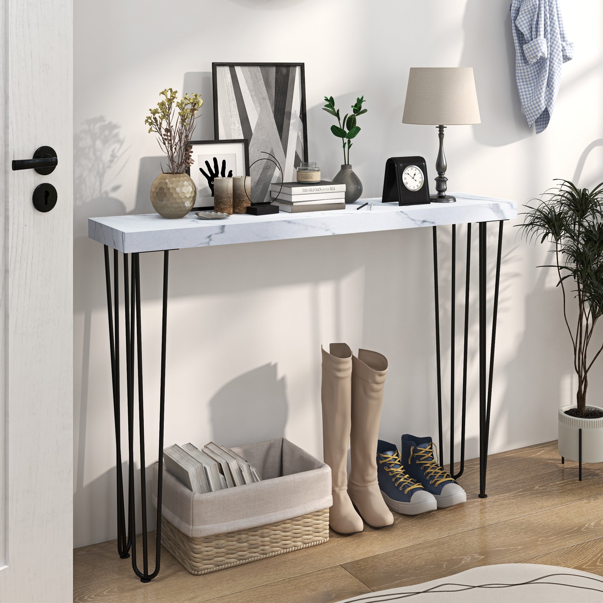Mesa Consola Moderna Branca 110x25x79,5 cm com Pernas de Aço Anti-Tombo