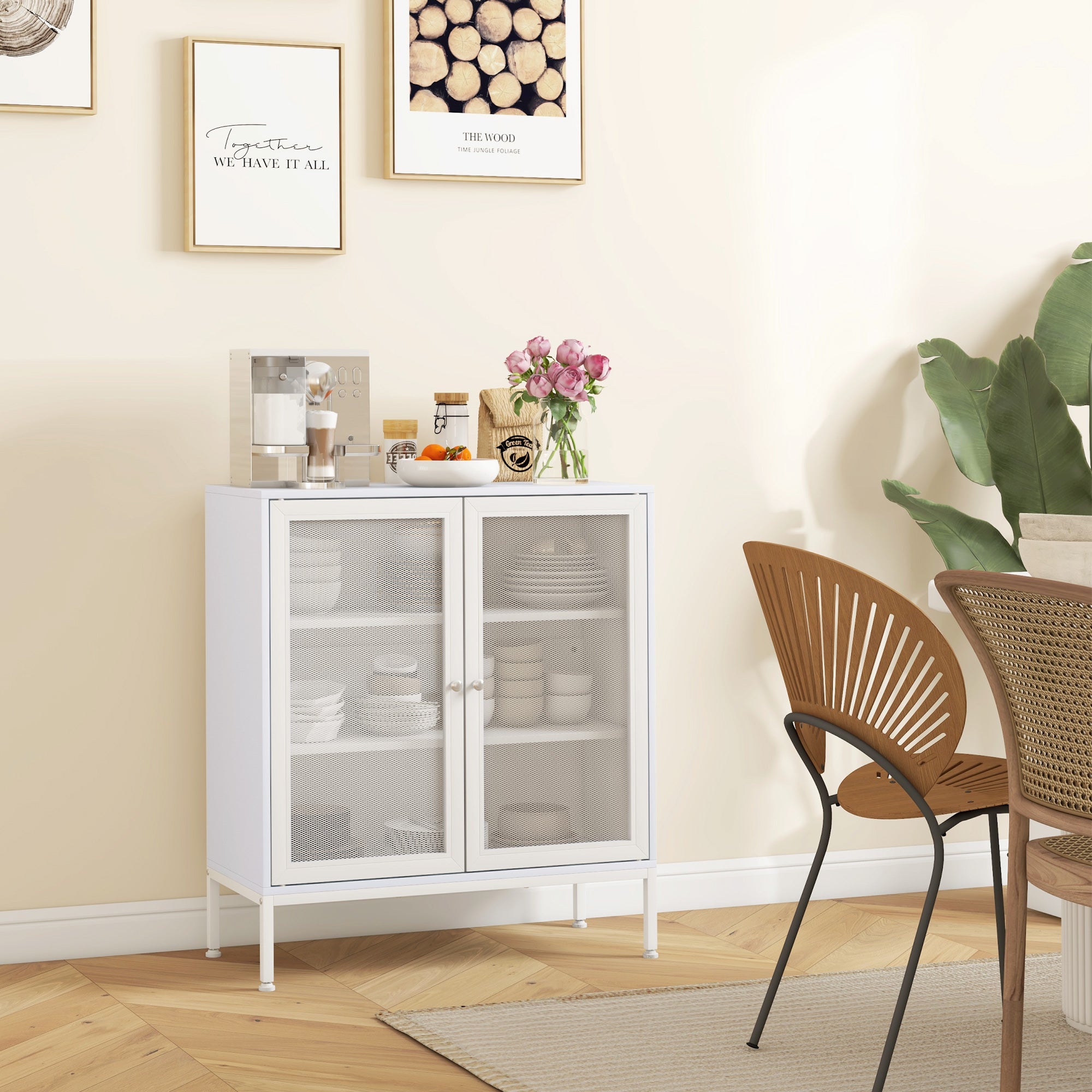 Aparador de 3 Níveis Branco 80x37x92 cm - Móvel Auxiliar com Portas de Malha