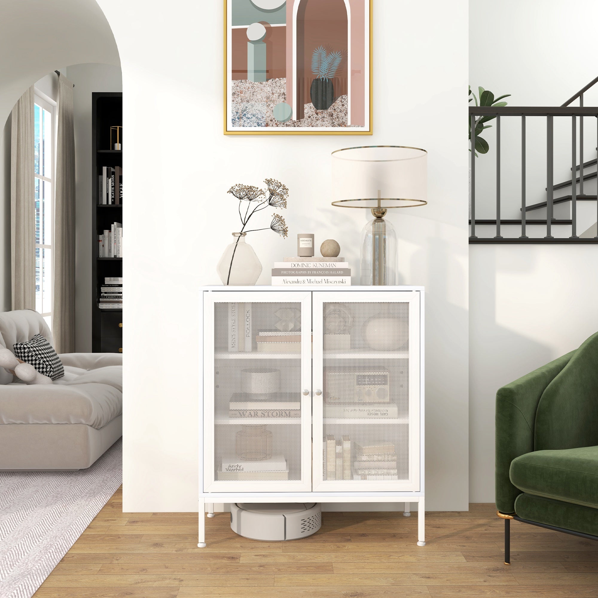 Aparador de 3 Níveis Branco 80x37x92 cm - Móvel Auxiliar com Portas de Malha