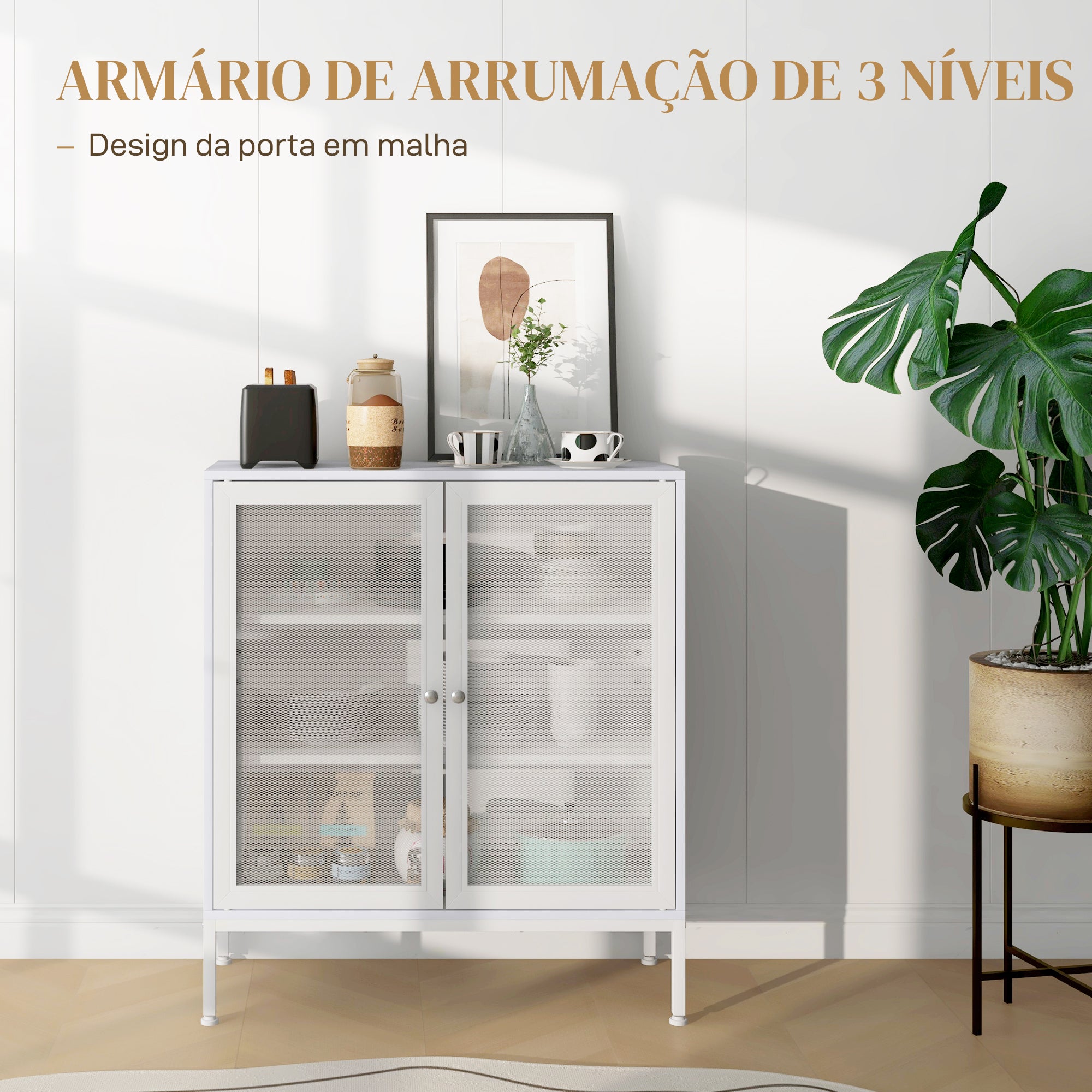 Aparador de 3 Níveis Branco 80x37x92 cm - Móvel Auxiliar com Portas de Malha