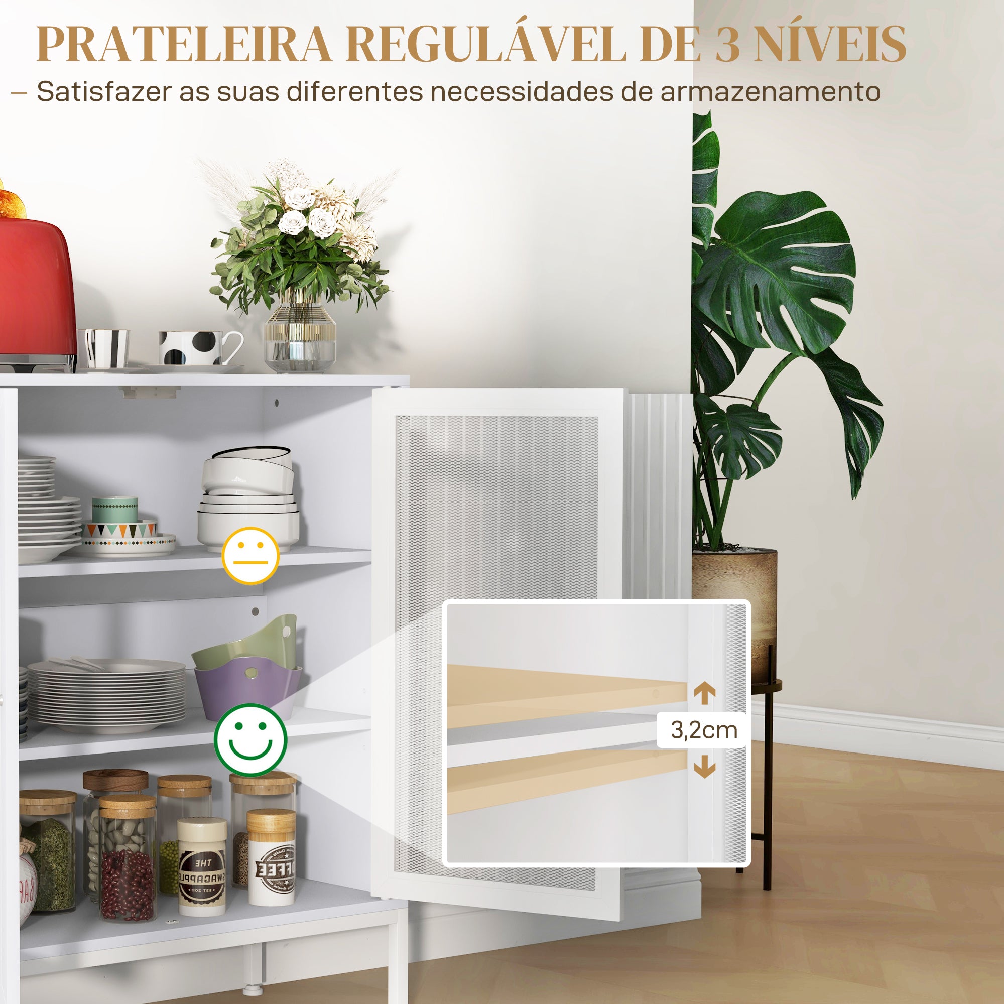 Aparador de 3 Níveis Branco 80x37x92 cm - Móvel Auxiliar com Portas de Malha