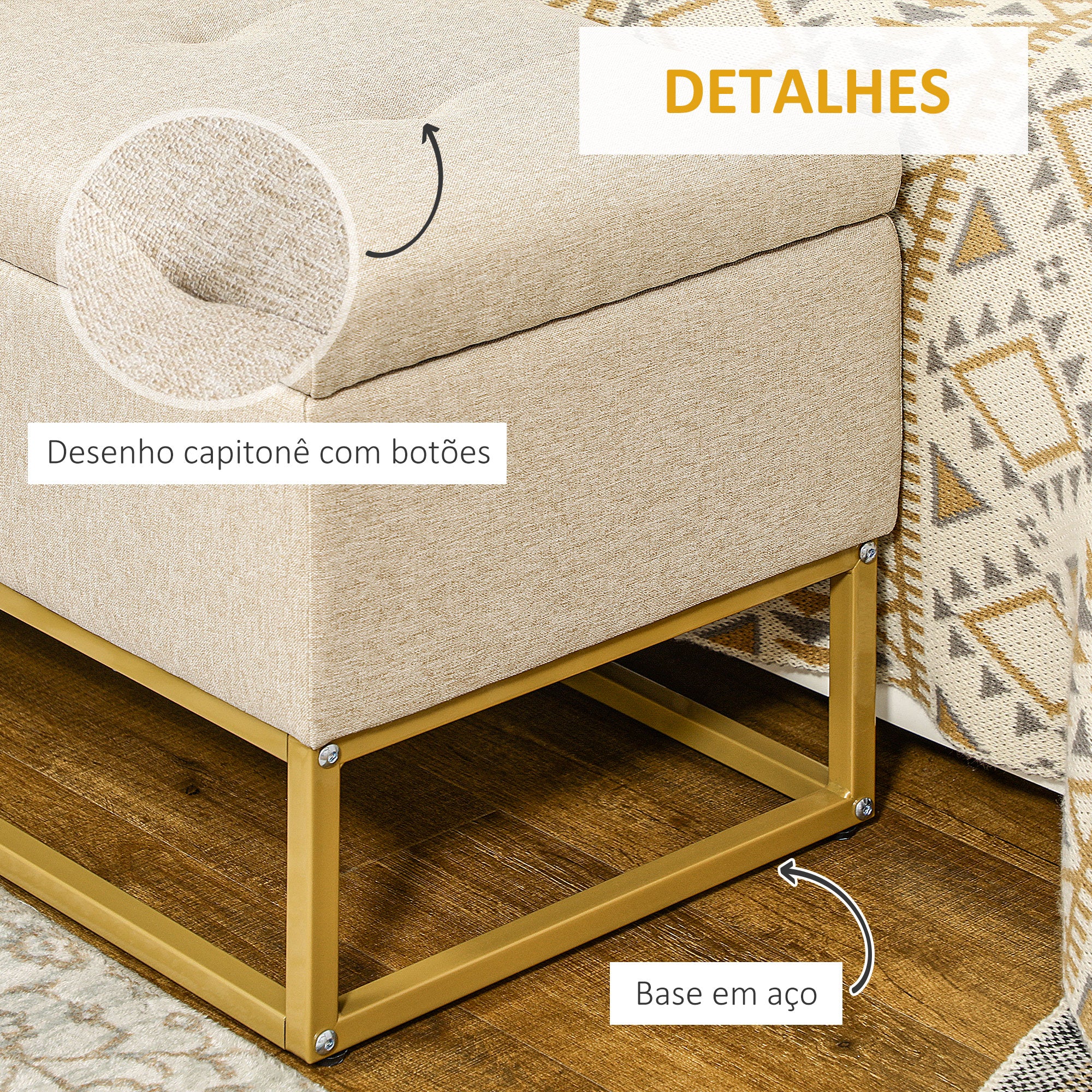 Banco de Armazenamento Retangular Estofado – 110x44x48 cm – Bege – Linho Sintético