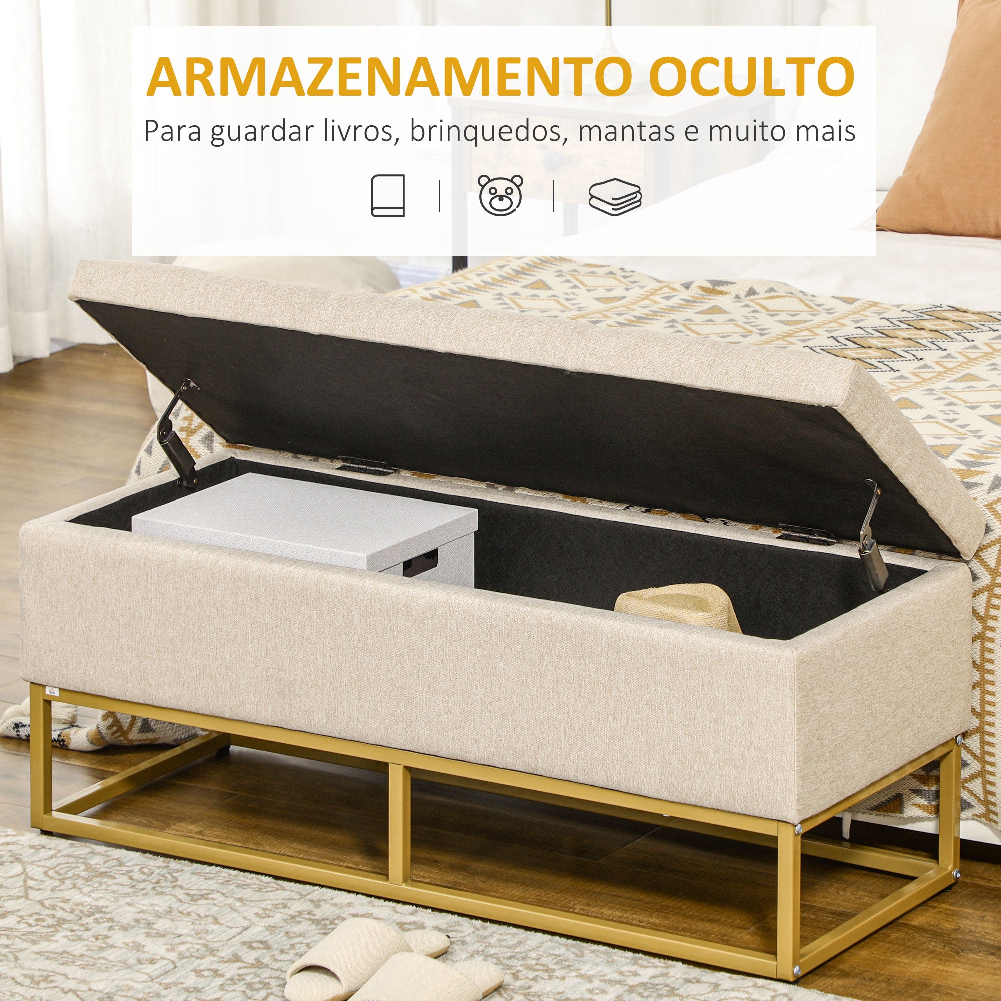 Banco de Armazenamento Retangular Estofado – 110x44x48 cm – Bege – Linho Sintético